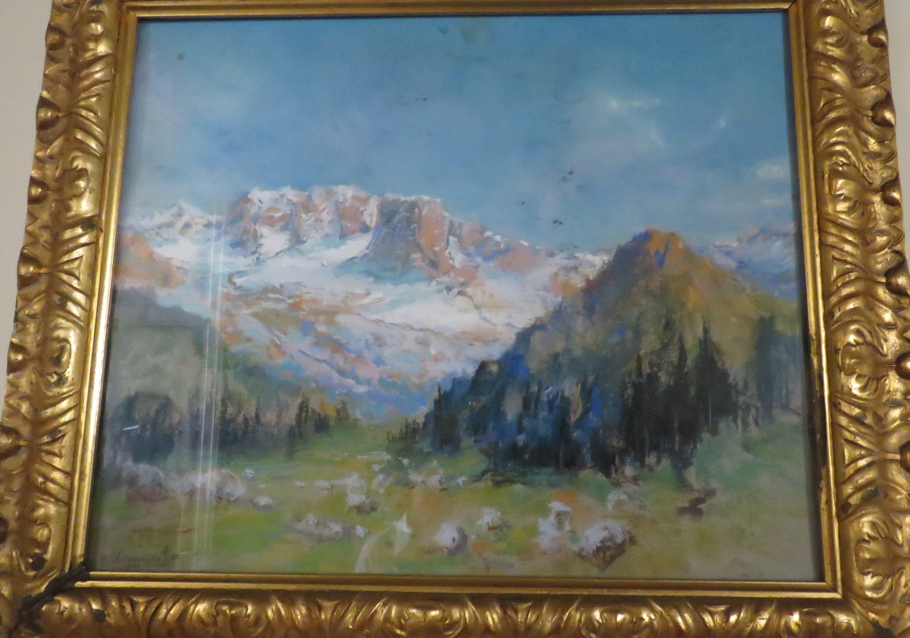 Dolomiti, Il Catinaccio Rosengarten, paesaggio montano (dipinto) di Cannata Antonio (sec. XX)