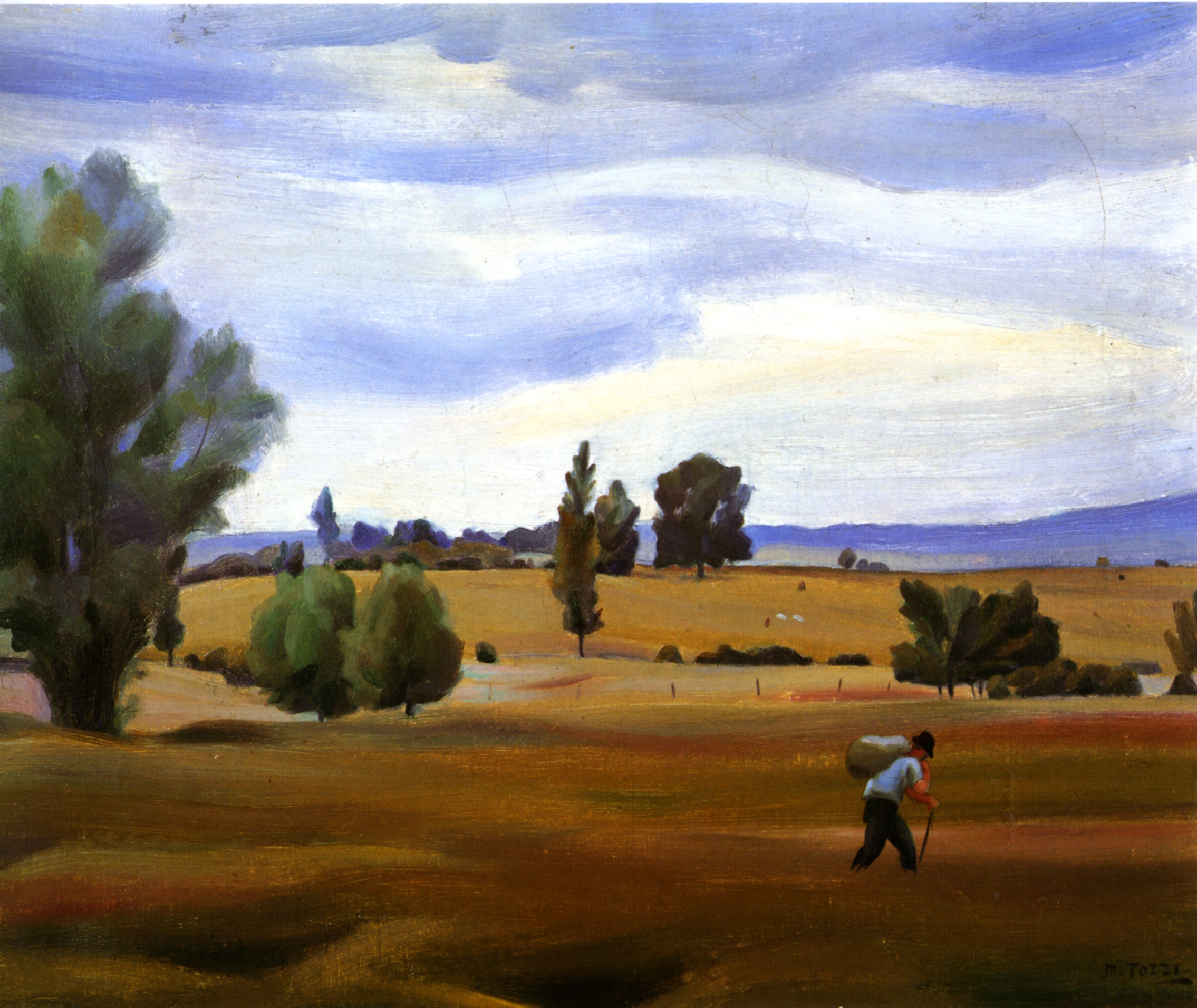 Paesaggio di Borgogna (Contadino nei campi di Lignorelles), Paesaggio di Borgogna con uomo (dipinto) di Tozzi, Mario - ambito italiano (prima metà XX)