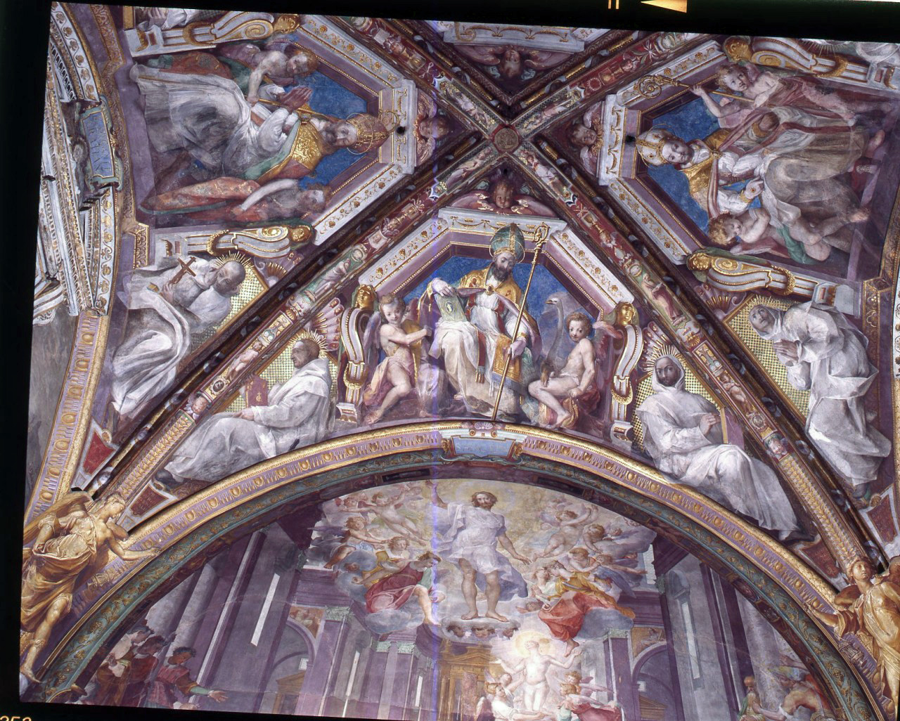 Sant'Ugo di Lincoln, beato Guigo e beato Guglielmo (dipinto murale) di Barbatelli Bernardino detto il Poccetti (fine sec. XVI)