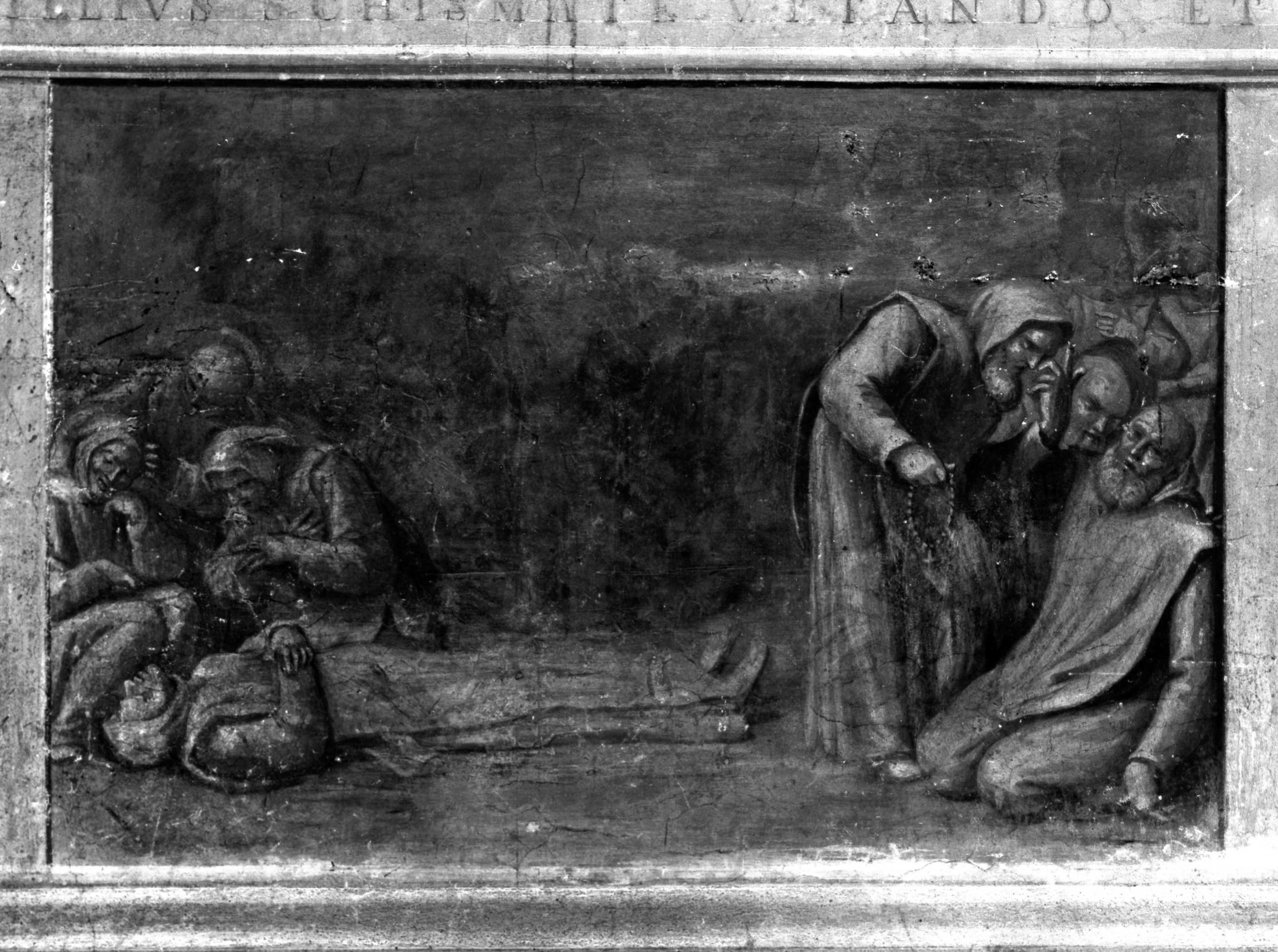 gli emissari di Enrico VIII tentano i certosini all'apostasia nelle prigioni di Newgate (dipinto murale) di Massari Lucio (primo quarto sec. XVII)