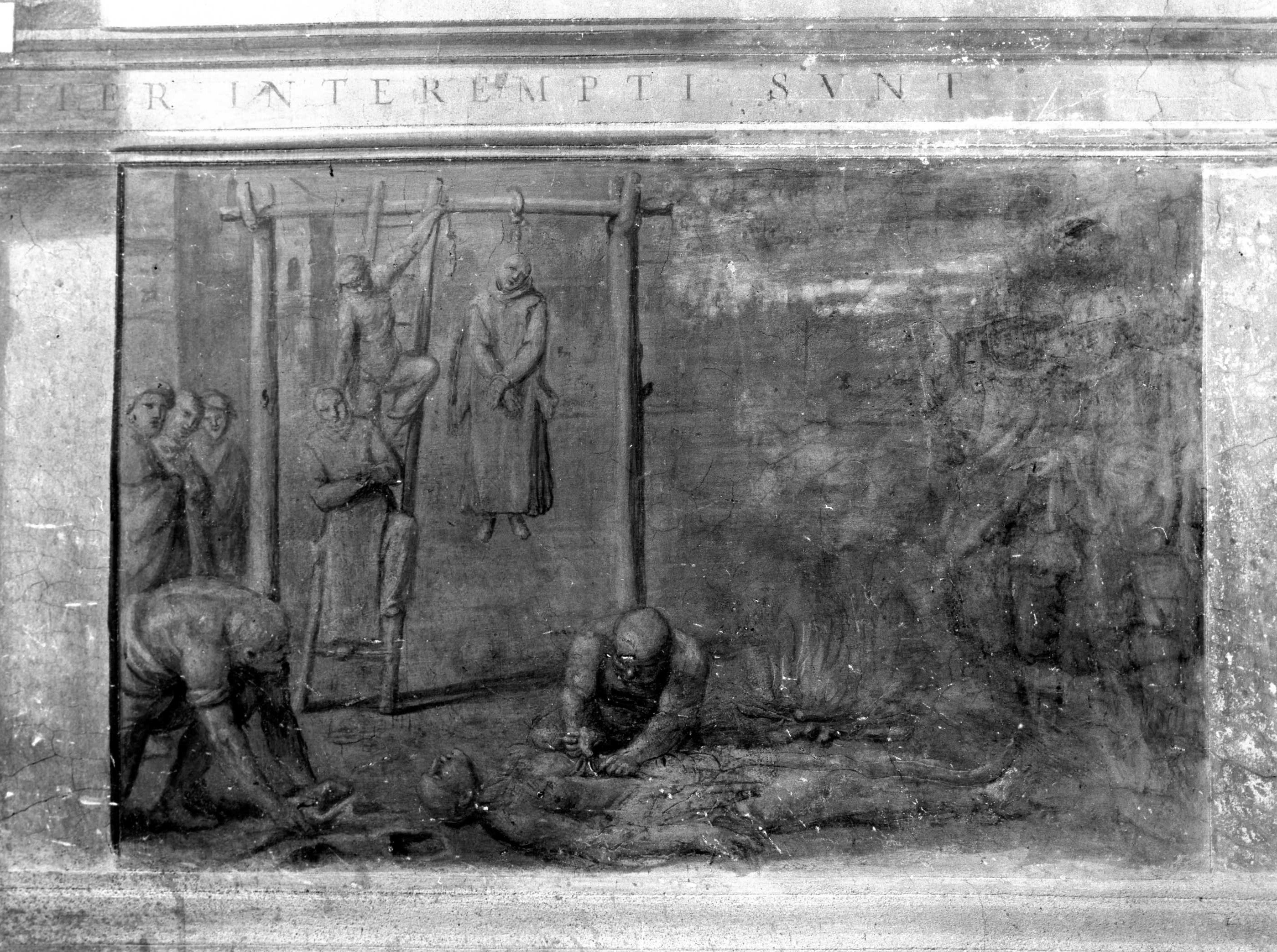 martirio dei beati Houghton, Lawrence e Webster (dipinto murale) di Massari Lucio (primo quarto sec. XVII)