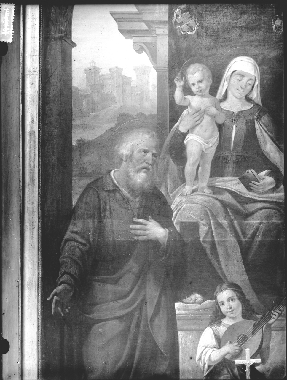 Pale d'altare - Madonna col Bambino, un angelo e i Santi Giuseppe e Anna (negativo) di Cav. Bandieri (ditta), Manzini, Luigi (prima metà XX)