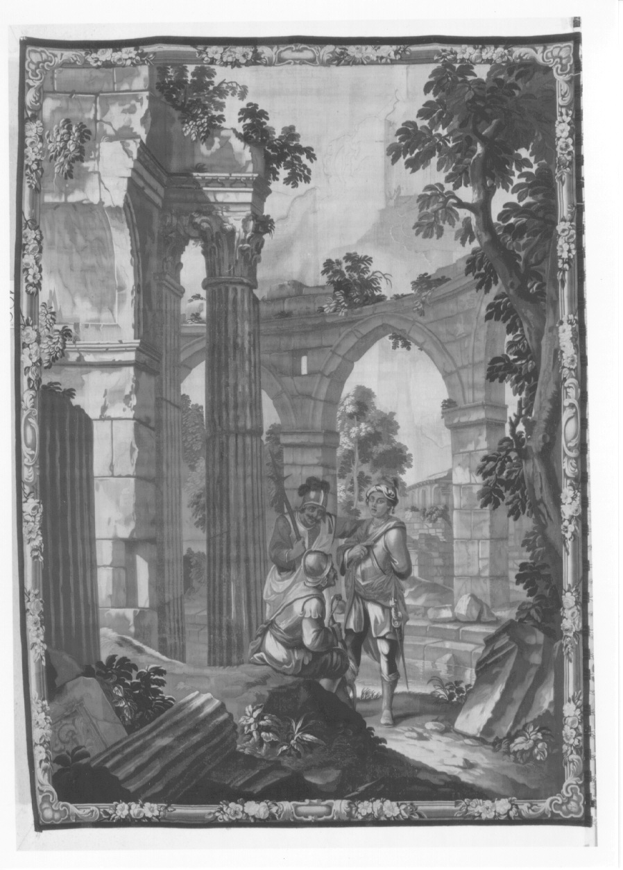 guerrieri tra architetture rovinate (arazzo, opera isolata) di Demignot Francesco, Antoniani Francesco - manifattura torinese (secondo quarto sec. XVIII)