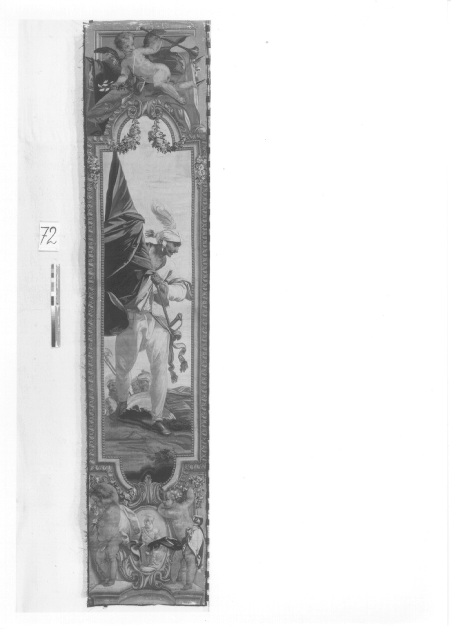 guerriero con bandiera (arazzo, opera isolata) di Beaumont Claudio Francesco, Dini Antonio - manifattura torinese (metà sec. XVIII)