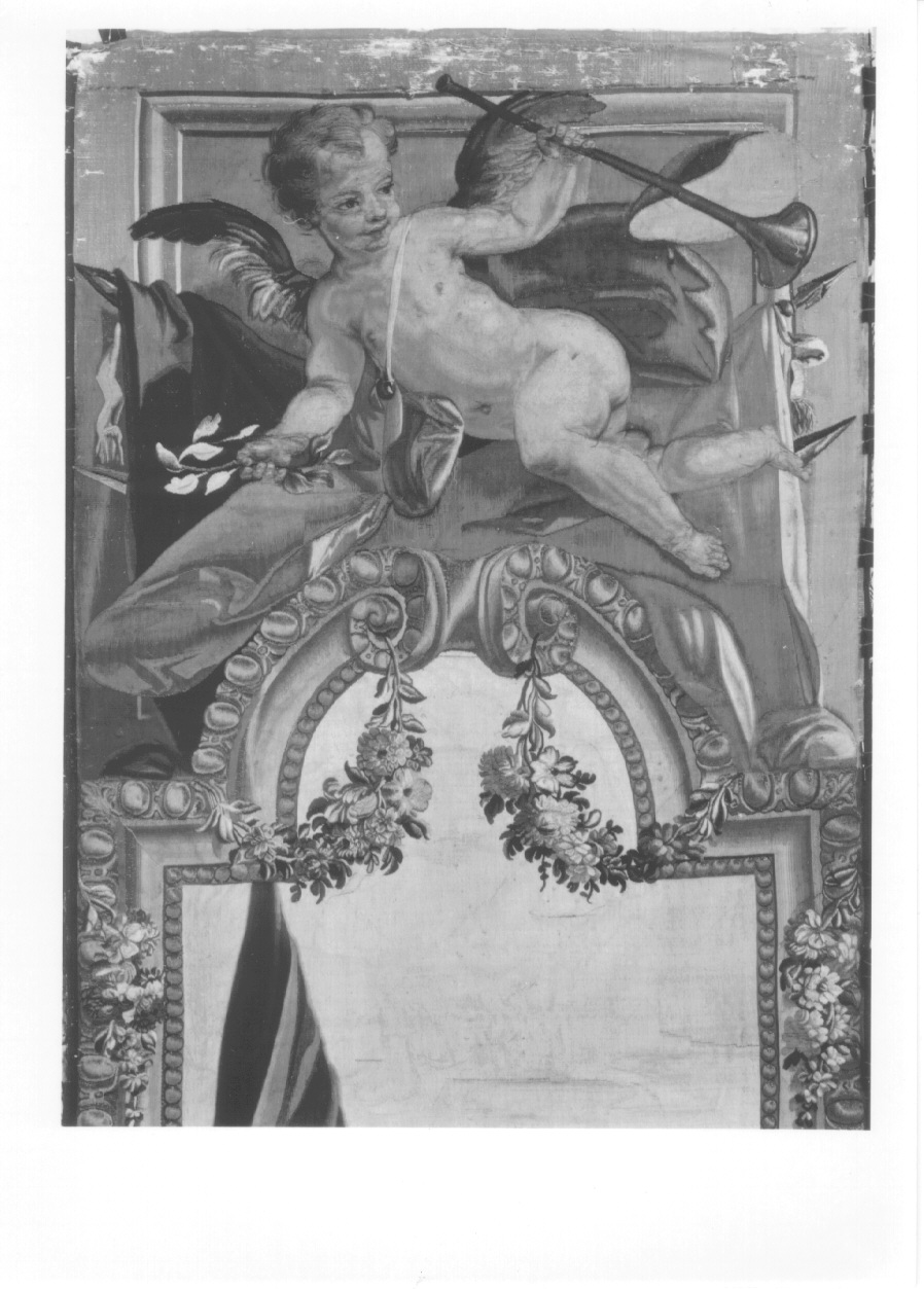 guerriero con bandiera (arazzo, opera isolata) di Beaumont Claudio Francesco, Dini Antonio - manifattura torinese (metà sec. XVIII)