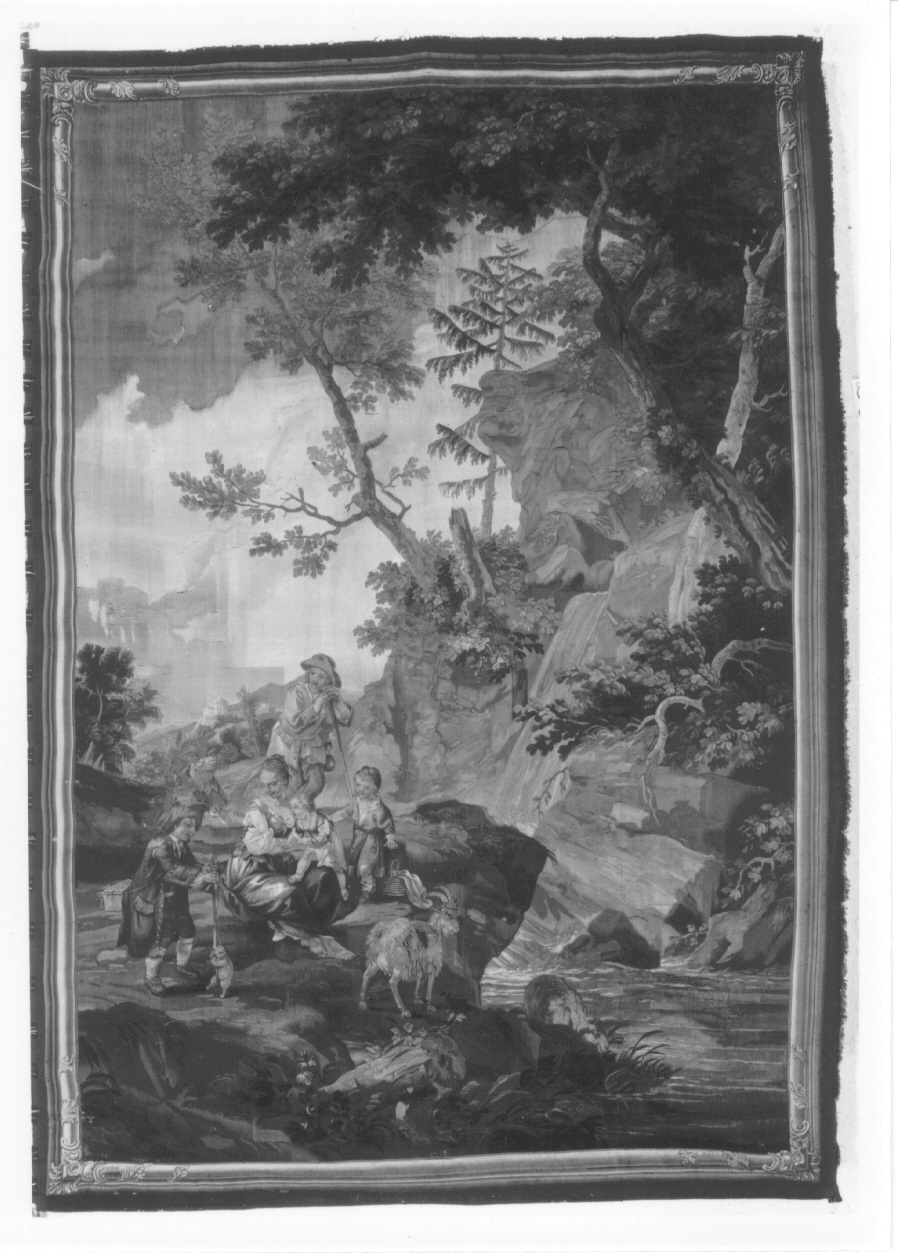 giocoliere savoiardo che fa ballare un finto orso (arazzo, opera isolata) di Demignot Francesco, Cignaroli Vittorio Amedeo - manifattura torinese (terzo quarto sec. XVIII)
