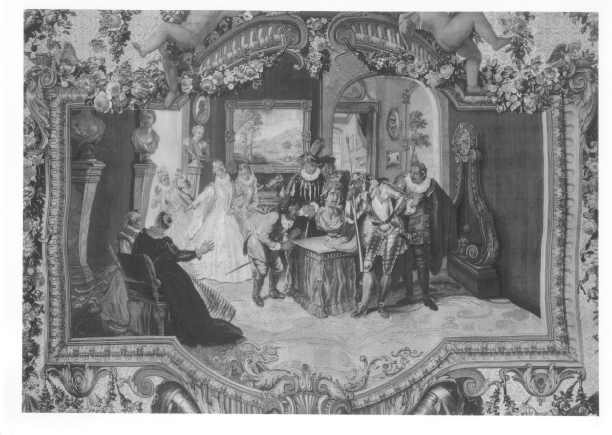 Don Chisciotte consulta la testa incantata presso don Antonio (arazzo, opera isolata) di Coypel Charles, Audran Claude, Audran Michel - manifattura di Gobelins (metà sec. XVIII)