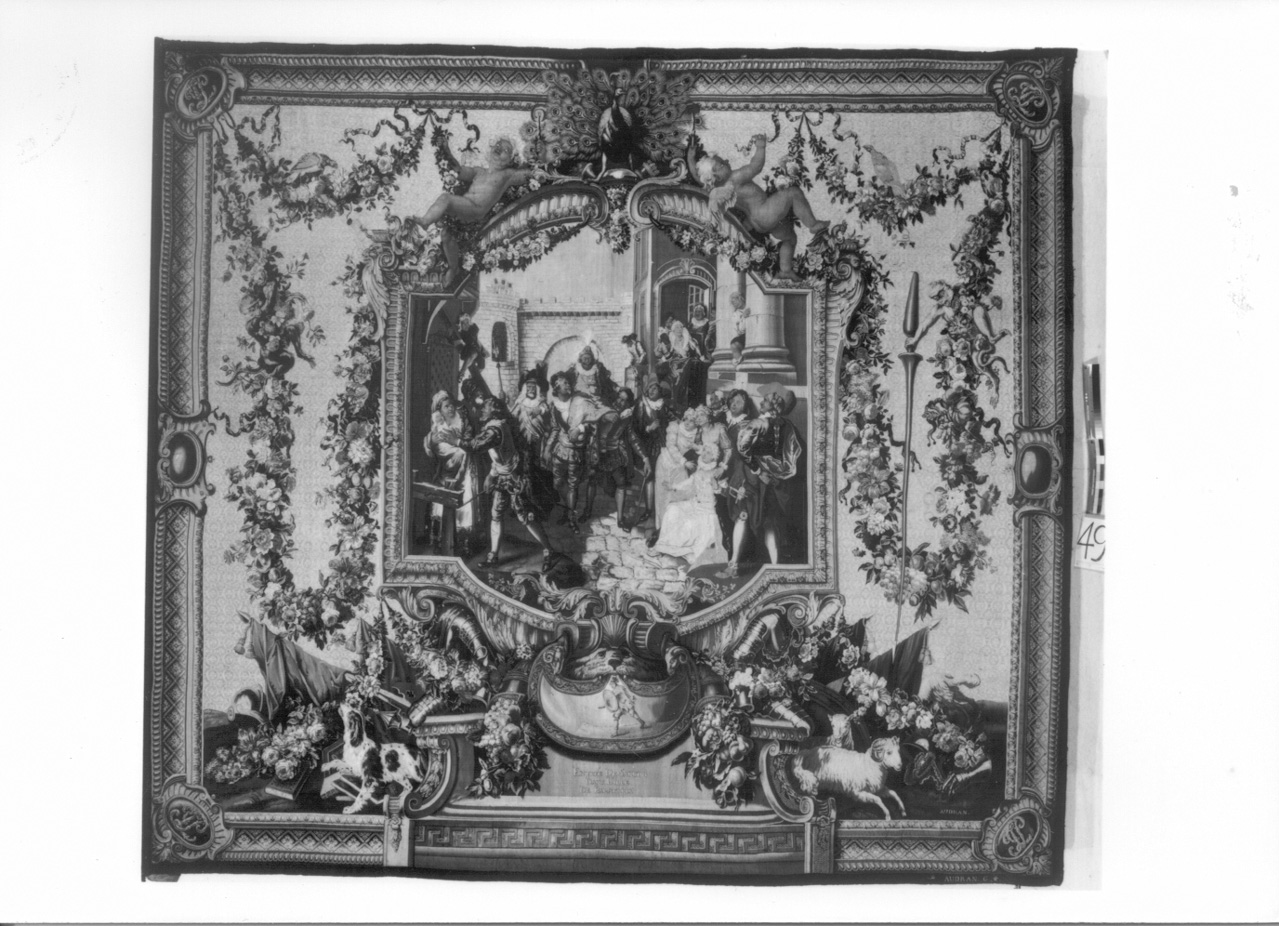 Sancio fa il solenne ingresso nell'isola di Barataria (arazzo, opera isolata) di Coypel Charles, Audran Claude, Audran Michel - manifattura di Gobelins (metà sec. XVIII)