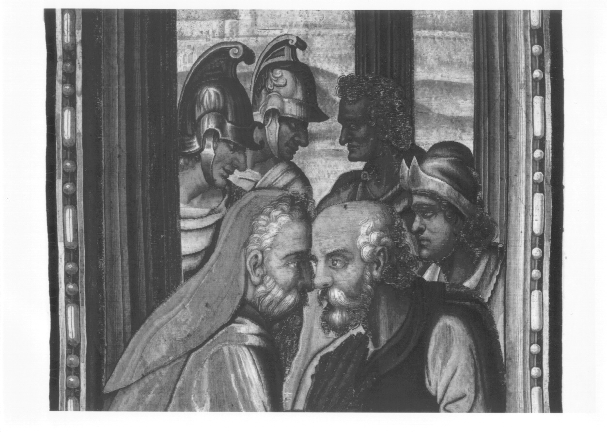 Guerrieri che conversano con un sacerdote (arazzo, frammento) di De Maecht Philippe, Caron Antoine, Lerambert Henri (e aiuti) - manifattura di Faubourg Saint-Marcel (primo quarto sec. XVII)