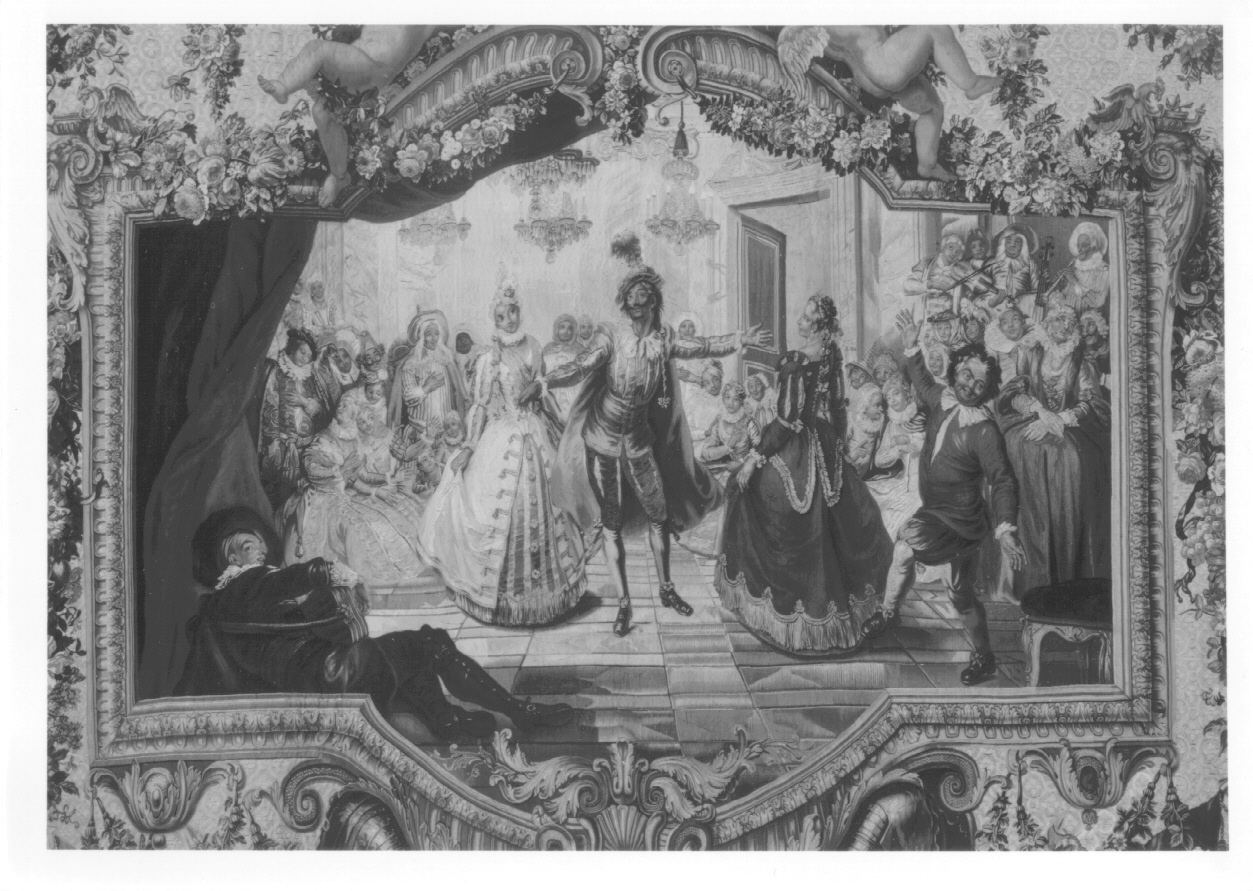 Don Chisciotte a Barcellona al ballo offerto per lui da Don Antonio (arazzo, opera isolata) di Coypel Charles, Audran Claude, Audran Michel - manifattura di Gobelins (metà sec. XVIII)