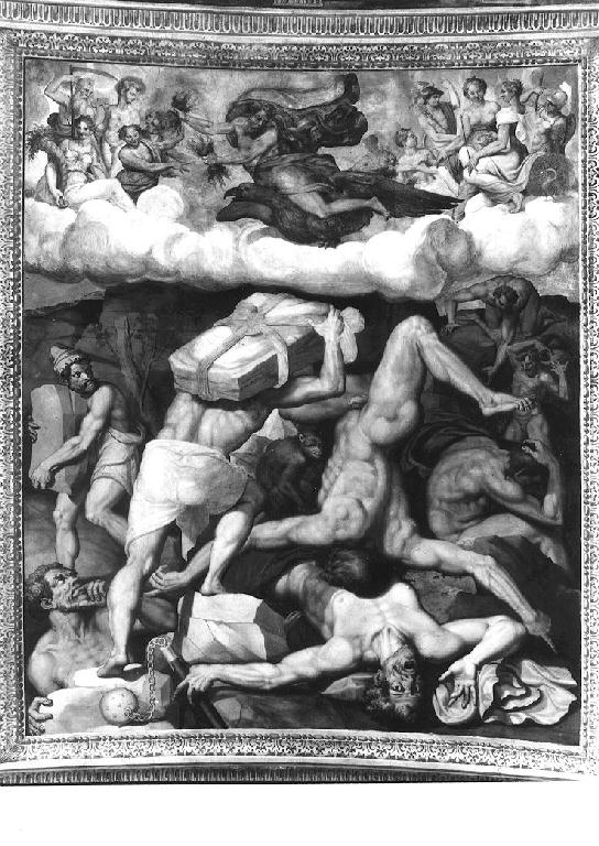 Caduta dei Giganti; Minerva aiuta Prometeo a rubare il fuoco; Apollo dardeggia i troiani; Caduta di Fetonte; Dedalo e Icaro (decorazione pittorica) di Samacchini Orazio (sec. XVI)