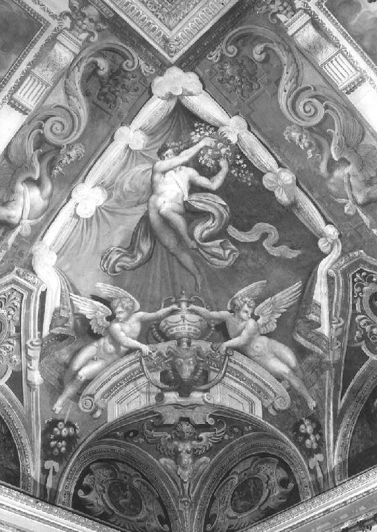 Putti con fiori e vasi; Motivi decorativi a grottesche (decorazione pittorica) di Samacchini Orazio (sec. XVI)