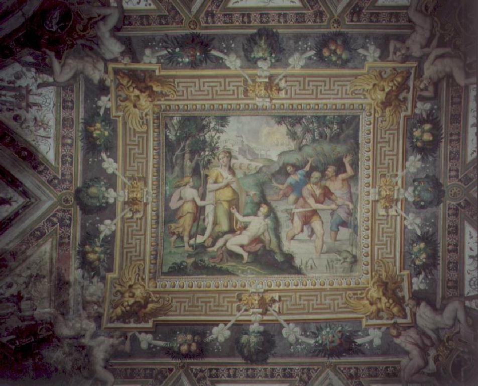 Latona trasforma i contadini di Delo in rane; Ignudi con figure allegorich (decorazione pittorica) di Samacchini Orazio (sec. XVI)