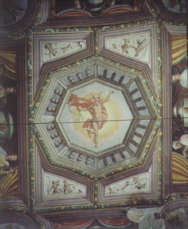 Mercurio; Putti alati con fiori; Motivi decorativi a grottesche (decorazione pittorica) di Conti Giovanni Maria detto Della Camera (sec. XVII)
