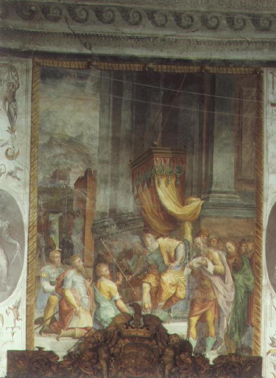 Pietro, Orlando e Marsilio Rossi ricevono dal re Giovanni di Boemia l'investitura dei loro feudi (decorazione pittorica) di Baglione Cesare (sec. XVI)