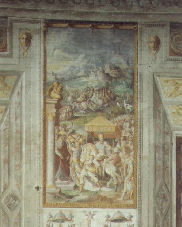 Ugolino Rossi entra trionfalmente in Firenze dopo la vittoria sui ghibellini a Campaldino (decorazione pittorica) di Zanguidi Jacopo detto Bertoja (sec. XVI)