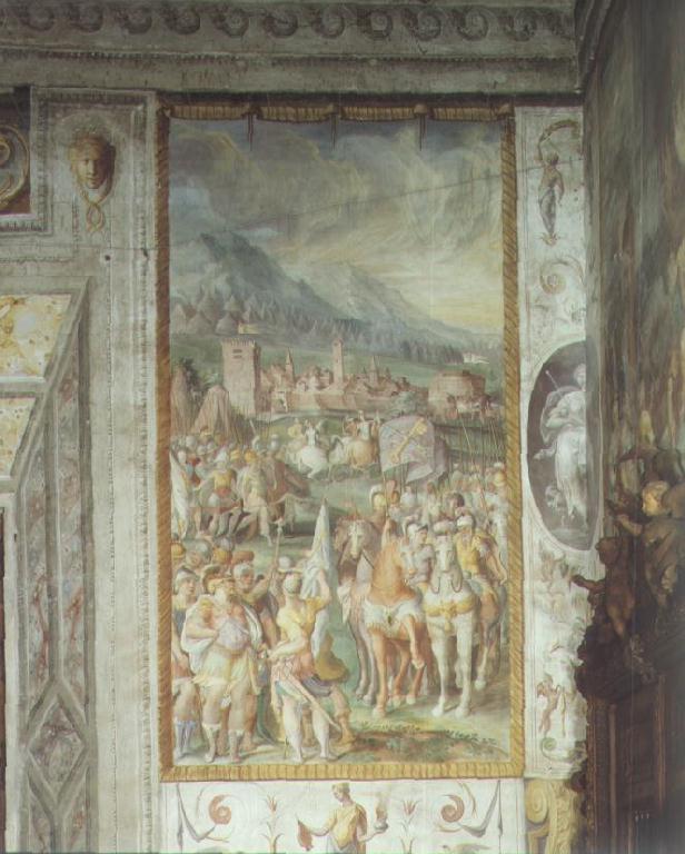 Orlando Rossi assedia Borgo San Donnino occupata da Azzo Visconti (decorazione pittorica) di Zanguidi Jacopo detto Bertoja, Paganino Giovan Antonio, Baglione Cesare (sec. XVI)