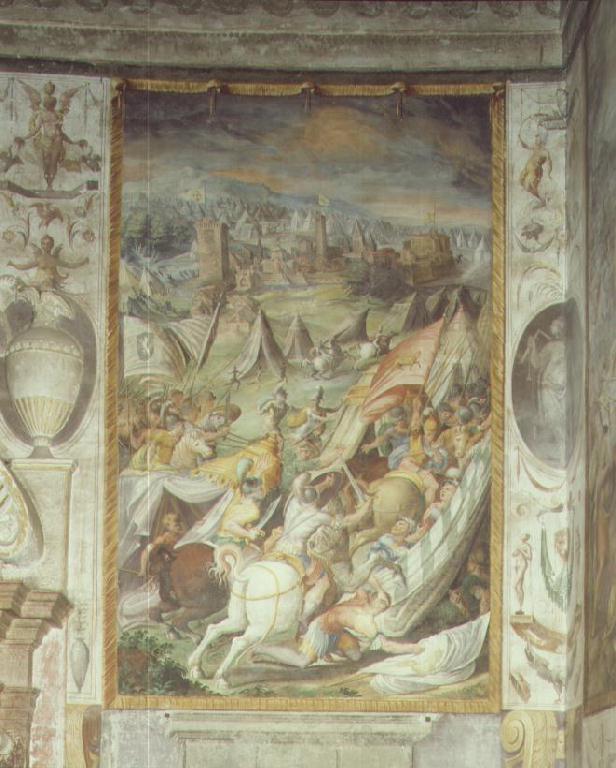 Orlando Rossi libera Borgo San Donnino dall'assedio dei piacentini (decorazione pittorica) di Zanguidi Jacopo detto Bertoja, Baglione Cesare, Paganino Giovan Antonio (sec. XVI)