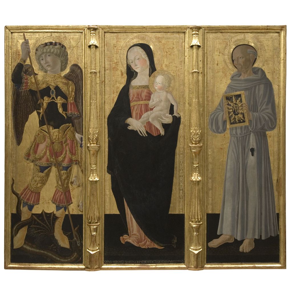 Madonna con Bambino tra San Michele Arcangelo e San Bernardino da Siena (dipinto) di Landi Neroccio de' (sec. XV)