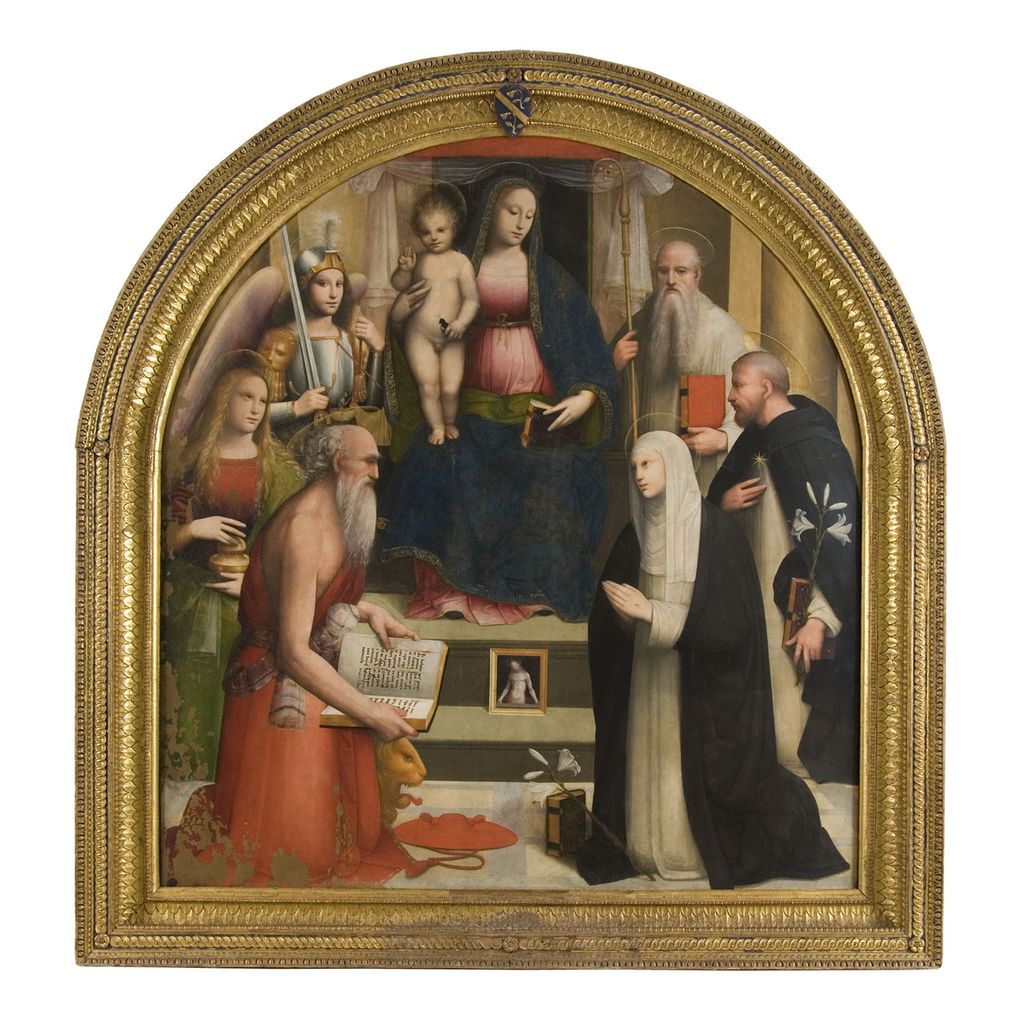 Pala di Monte Oliveto a Porta Tufi, Madonna con Bambino con San Girolamo, Santa Maria Maddalena, San Michele Arcargelo, Santa Caterina da Siena, San Domenico e San Bendetto (pala d'altare) di Piccinelli Andrea detto Andrea del Brescianino (sec. XVI)