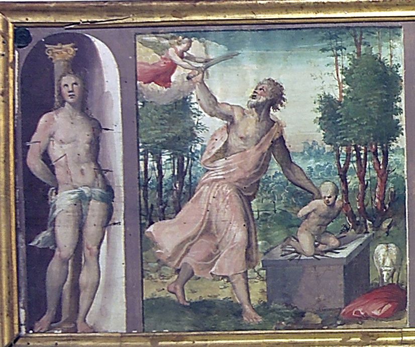 San Sebastiano/ Sacrificio di Isacco (scomparto di predella) di Neroni Bartolomeo detto Riccio (sec. XVI)