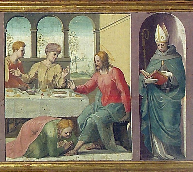 Cristo in casa di Simone il fariseo/ San Ludovico di Tolosa (scomparto di predella) di Neroni Bartolomeo detto Riccio (sec. XVI)