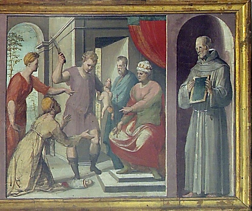 giudizio di Salomone/ San Bernardino da Siena (scomparto di predella) di Neroni Bartolomeo detto Riccio (sec. XVI)
