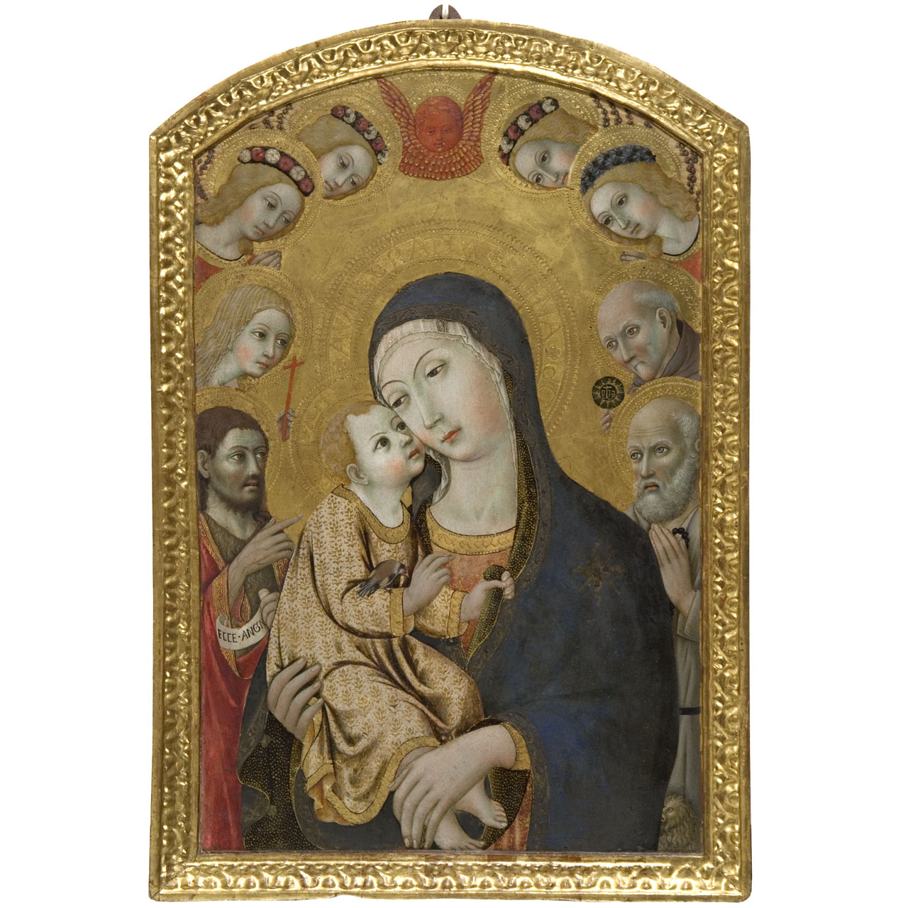 Madonna del Cardellino, Madonna con Bambino tra San Giovanni Battista, Santa Margherita d'Antiochia, San Bernardino da Siena, San Girolamo e angeli (dipinto) di Sano di Pietro (sec. XV)