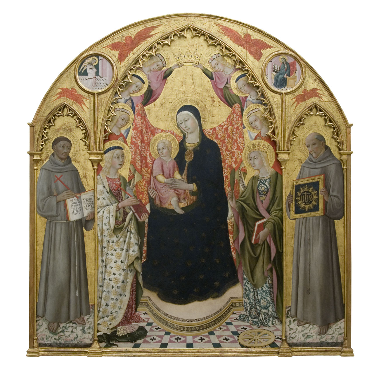 Madonna con Bambino in trono con San Francesco d'Assisi; Santa Margherita d'Antiochia, Santa Caterina d'Alessandria, San Bernardino da Siena e angeli (pala d'altare) di Sano di Pietro (sec. XV)