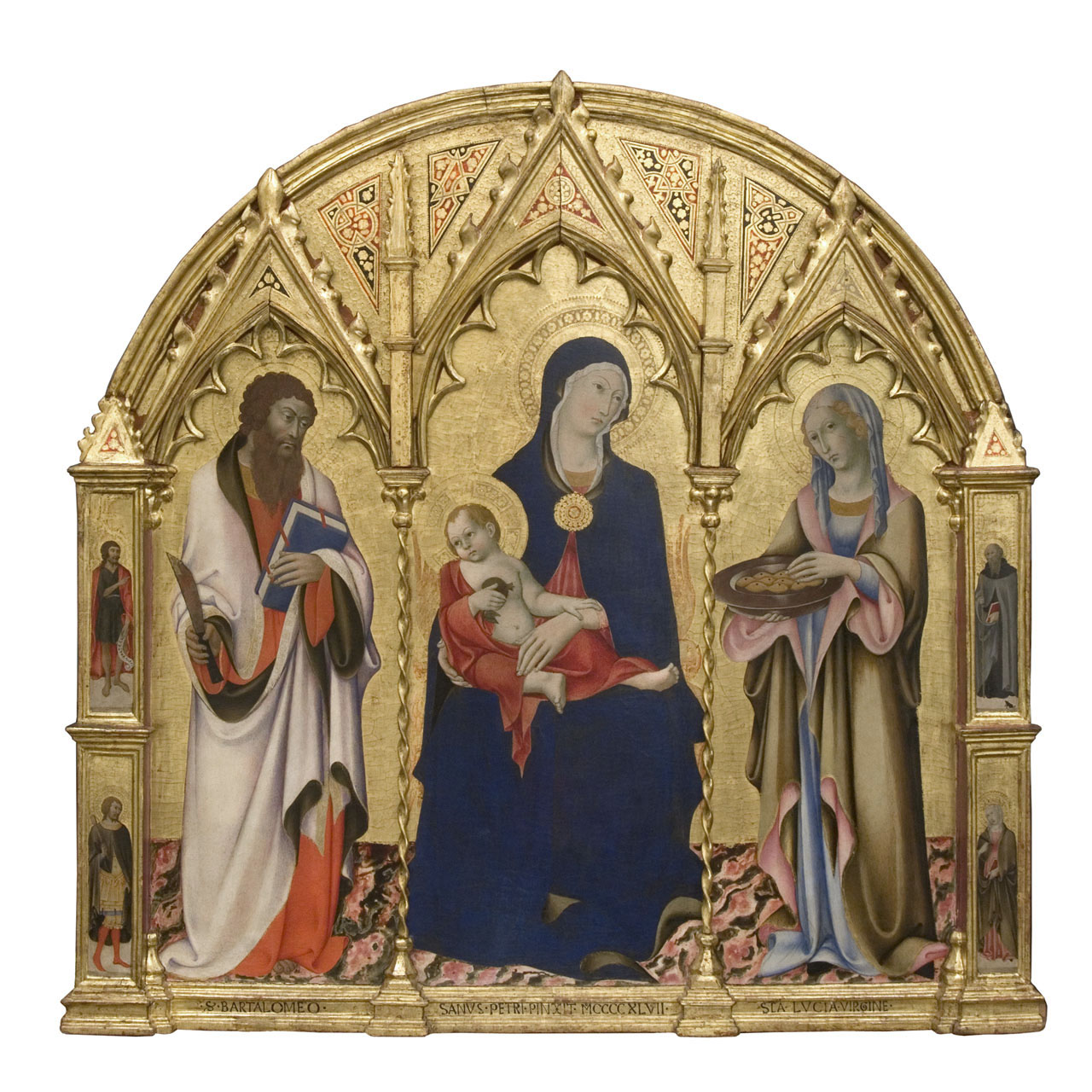 Madonna con Bambino in trono con San Bartolomeo, Santa Lucia, San Giovanni Battista, San Vitale, Sant'Antonio Abate e Santa Caterina d'Alessandria (pala d'altare) di Sano di Pietro (sec. XV)