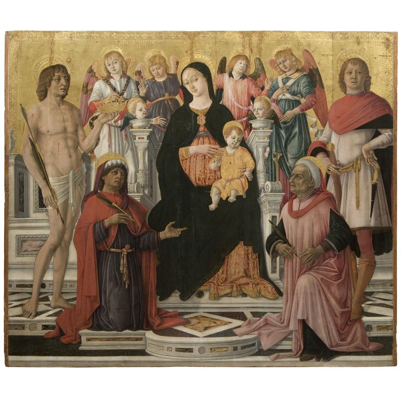Maestà, Madonna con Bambino in trono con i Santi Cosma e Damiano, San Sebastiano, San Galgano e angeli (dipinto) di Matteo di Giovanni di Bartolo (sec. XV)
