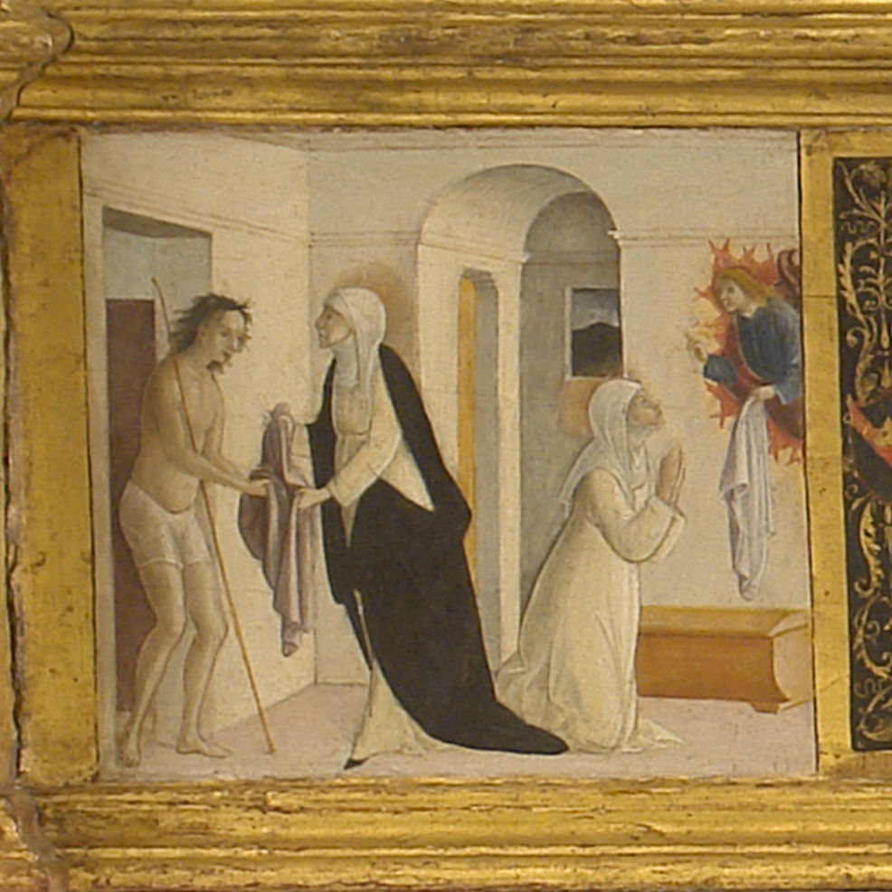 Santa Caterina da Siena dona la veste a Cristo mendico (scomparto di predella, elemento d'insieme) di Orioli Pietro di Francesco (sec. XV)
