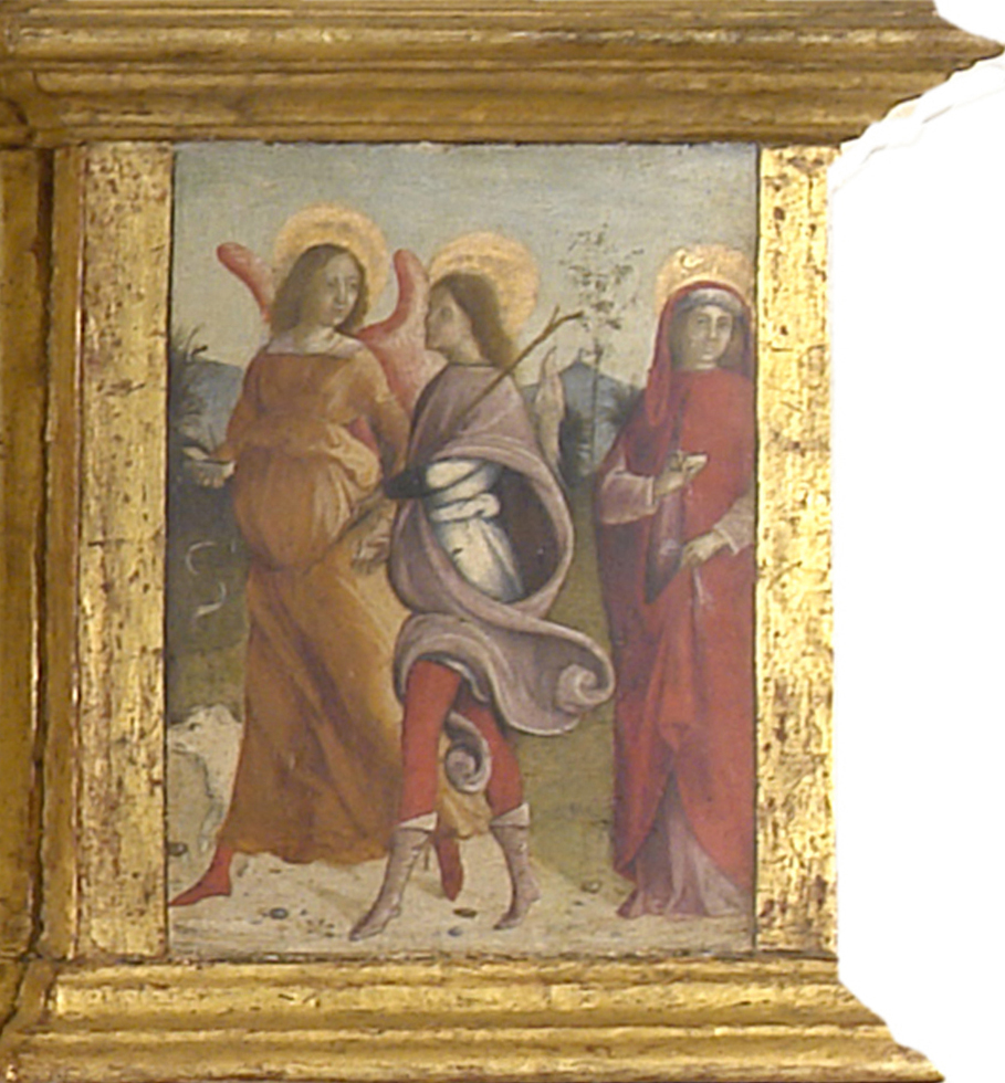 Tobia che porta il pesce con San Raffaele arcangelo e San Damiano (scomparto di predella, elemento d'insieme) di Orioli Pietro di Francesco (sec. XV)