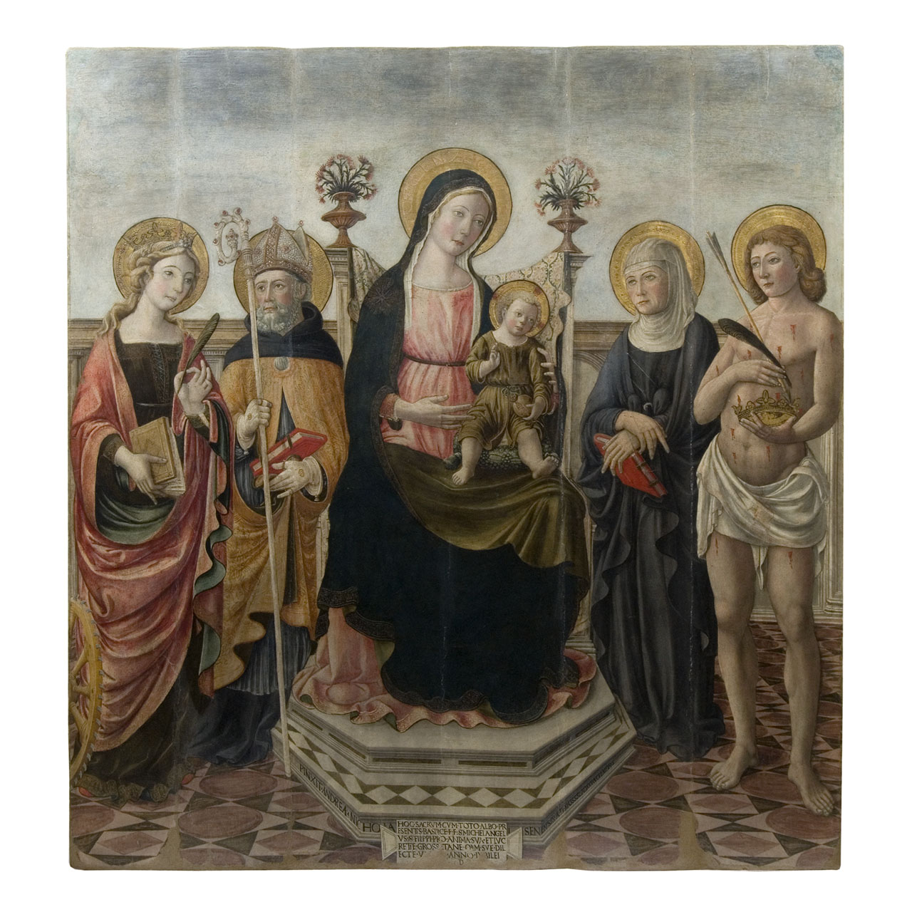 Madonna con Bambino in trono con Santa Caterina d'Alessandria, Sant'Agostino, Santa Monica e San Sebastiano (dipinto) di Andrea di Niccolò (sec. XVI)