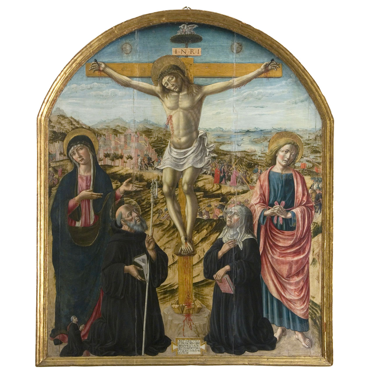 Cristo crocifisso con la Madonna, San Giovanni Evangelista, San Benedetto, Santa Scolastica e donatore (dipinto) di Andrea di Niccolò (sec. XVI)