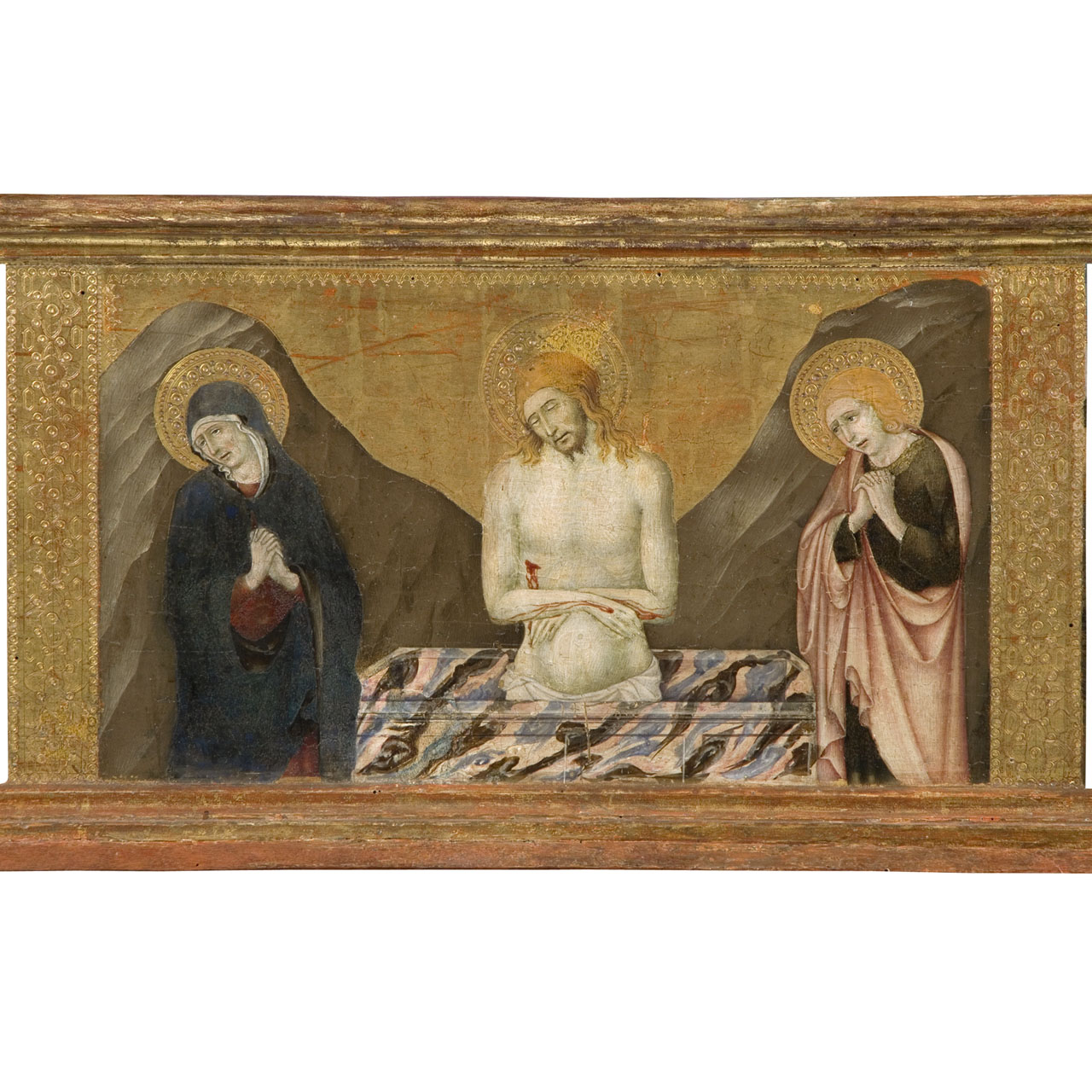 Polittico di Scrofiano, Cristo in pieta' tra la Madonna e San Giovanni Evangelista (scomparto di predella, elemento d'insieme) di Sano di Pietro (sec. XV)