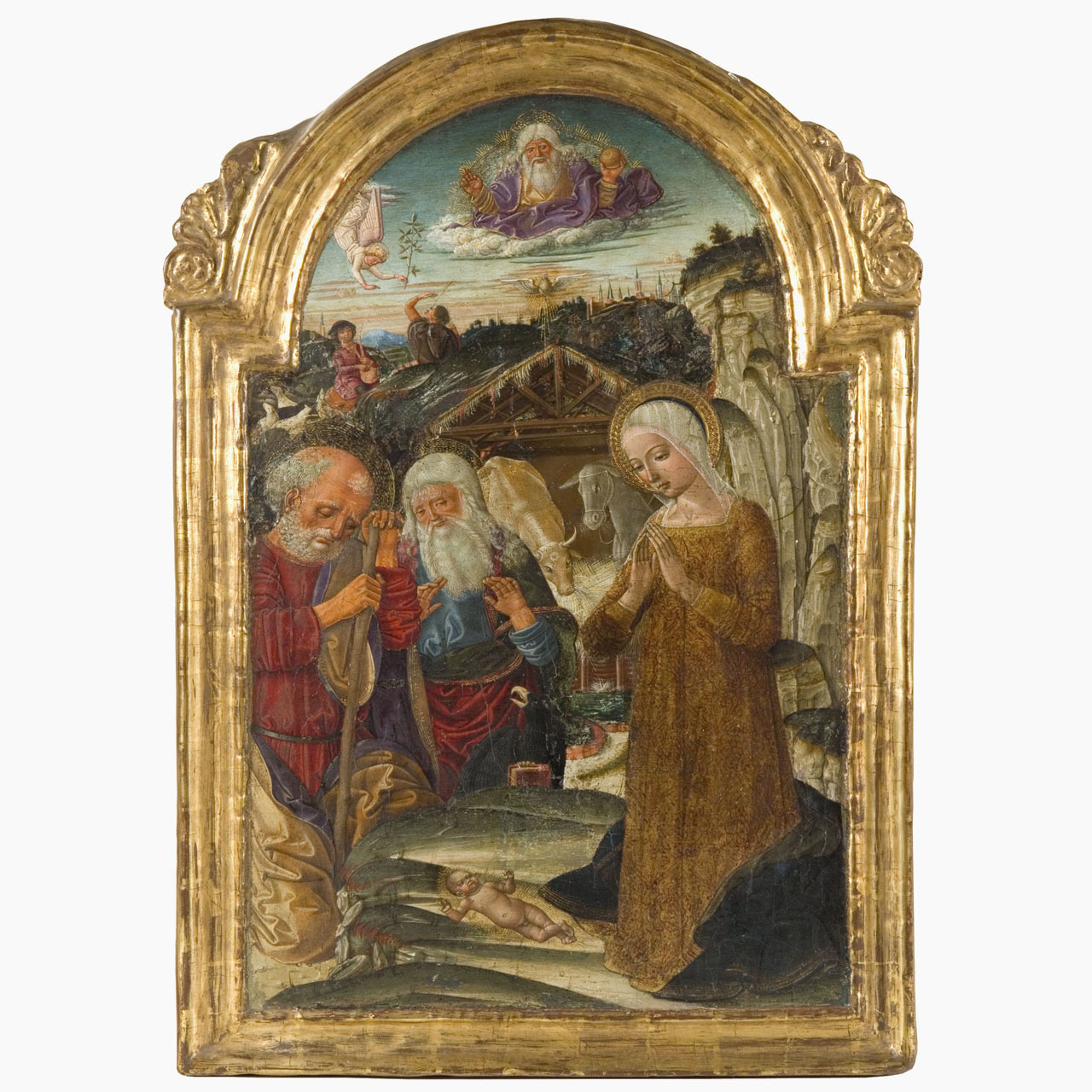 adorazione di Gesu' Bambino con la Trinità e San Giovanni Evangelista (dipinto) di Girolamo di Benvenuto detto Girolamo del Guasta (fine/ inizio secc. XV/ XVI)