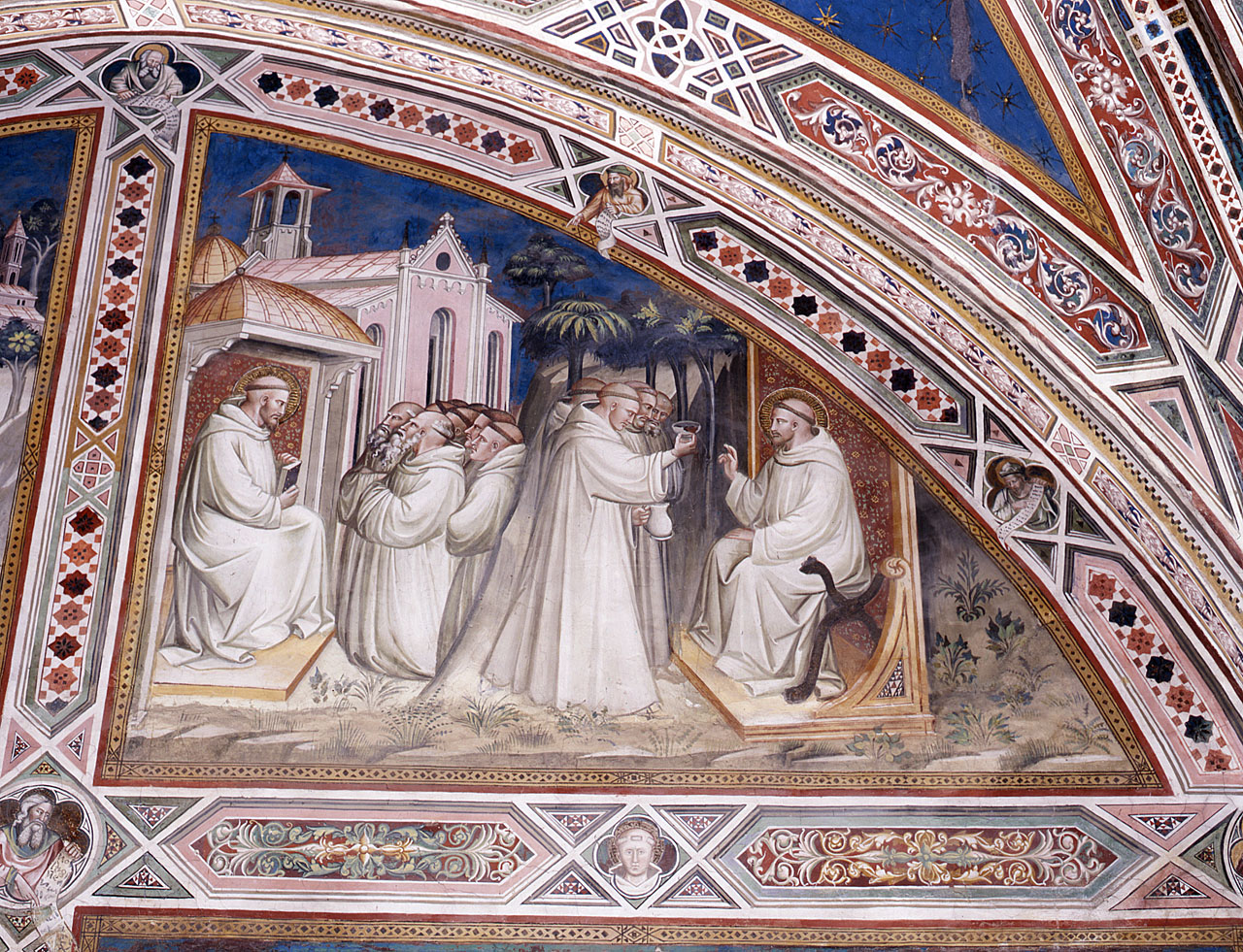 San Benedetto eletto abate del monastero di Vicovaro e San Benedetto benedice il vino avvelenato (dipinto murale) di Spinelli Spinello detto Spinello Aretino (ultimo quarto sec. XIV)