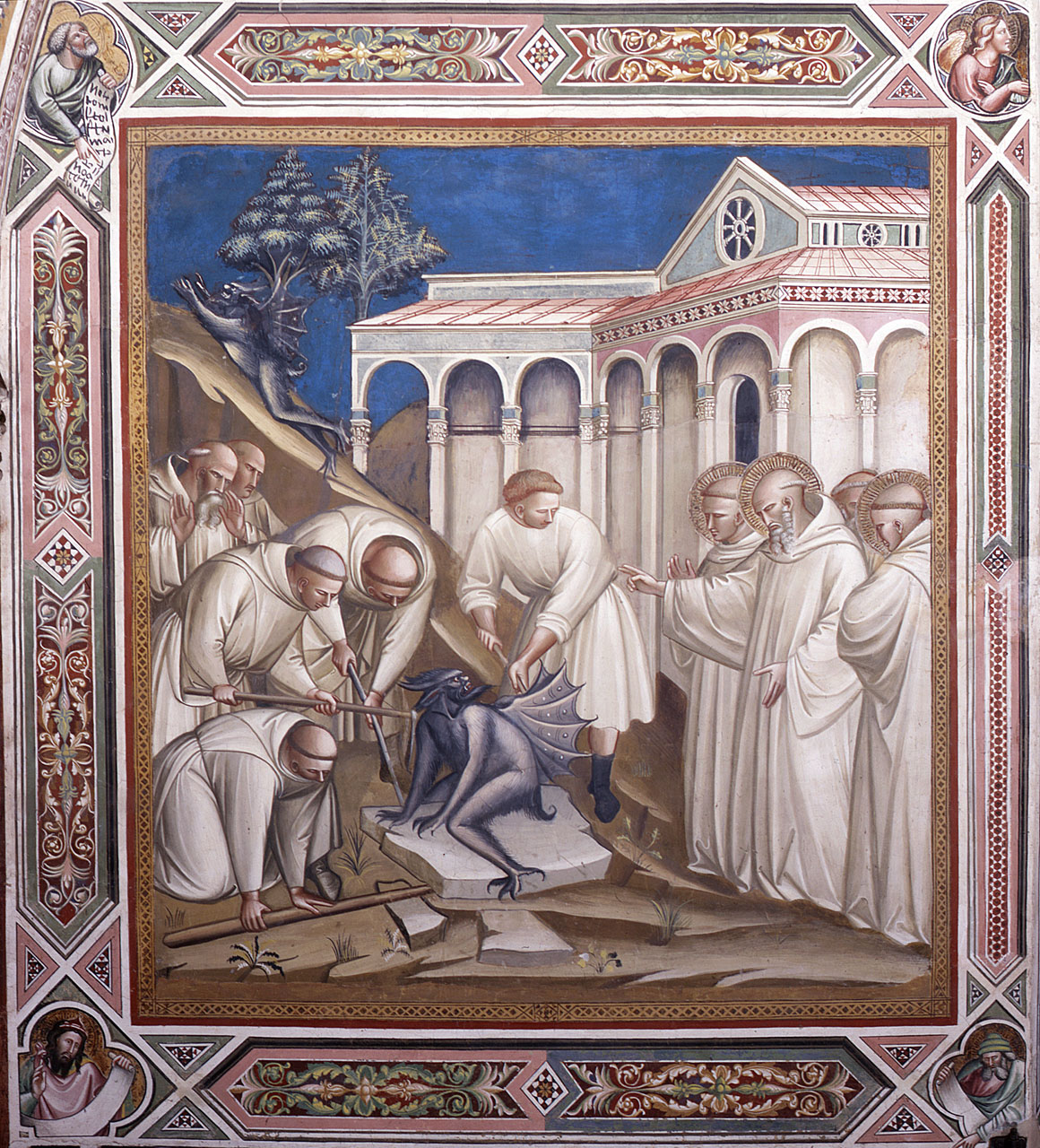 San Benedetto caccia il diavolo da sopra una pietra (dipinto murale) di Spinelli Spinello detto Spinello Aretino (ultimo quarto sec. XIV)