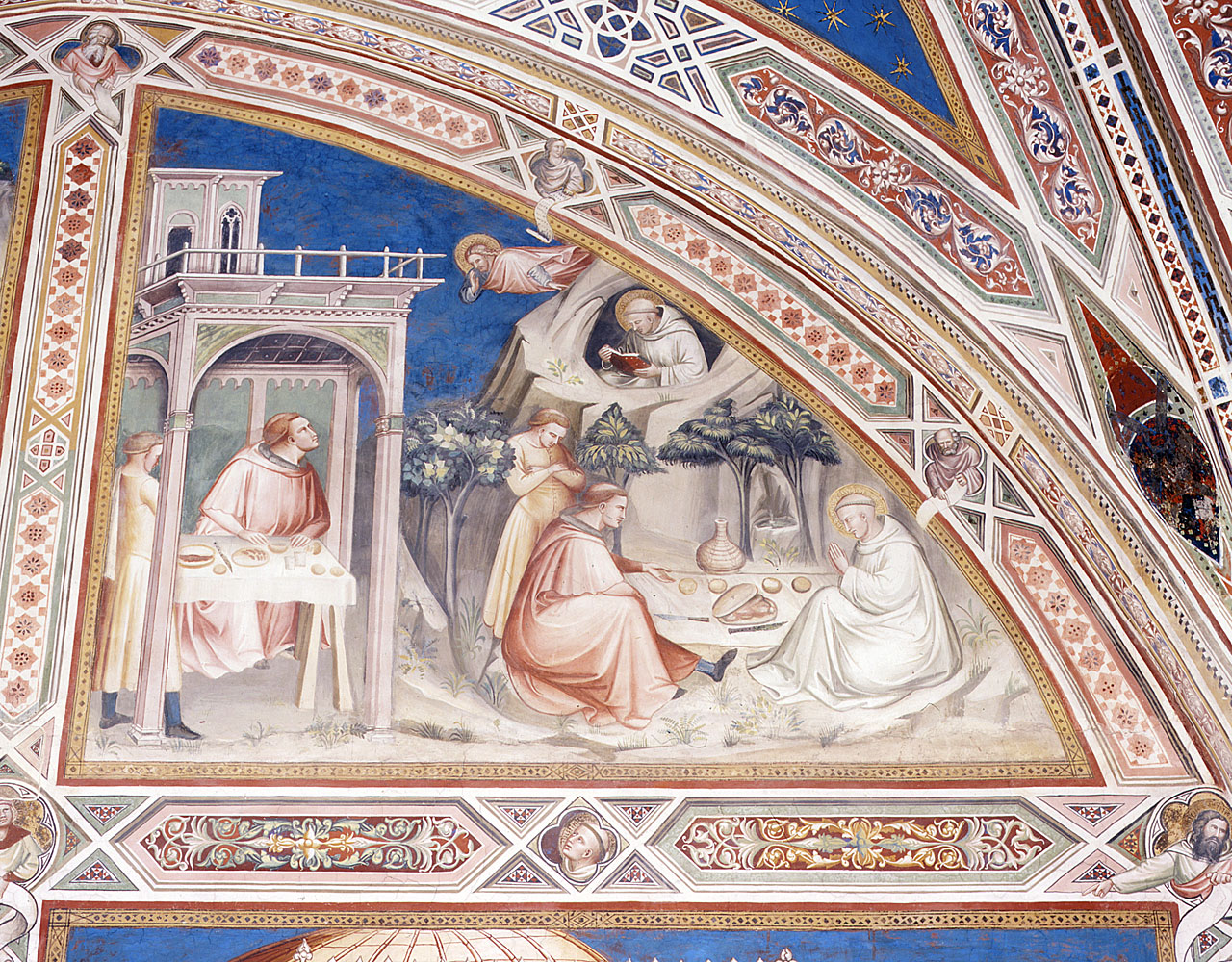 San Benedetto accetta il cibo offertogli da un prete il giorno di Pasqua (dipinto murale) di Spinelli Spinello detto Spinello Aretino (ultimo quarto sec. XIV)