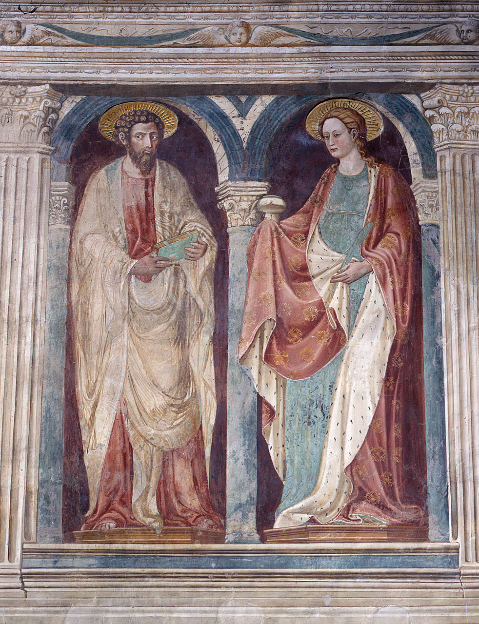 San Bartolomeo apostolo e Santa Lucia (dipinto murale) di Badaloni Pietro detto Paolo Schiavo (sec. XV)
