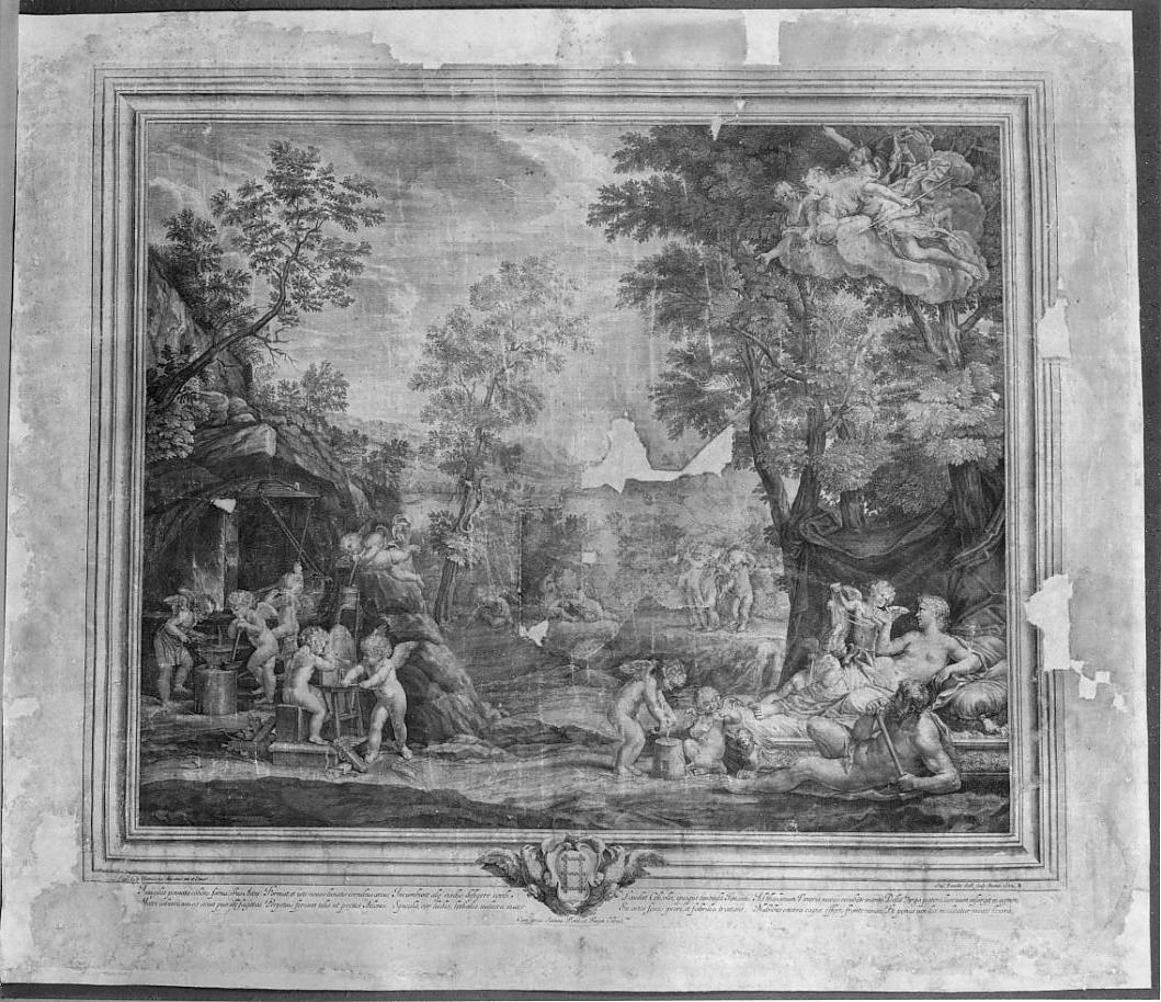Gli amori fabbricano le armi sotto la guida di Venere (stampa, elemento d'insieme) di Baudet Etienne, Albani Francesco (sec. XVII)