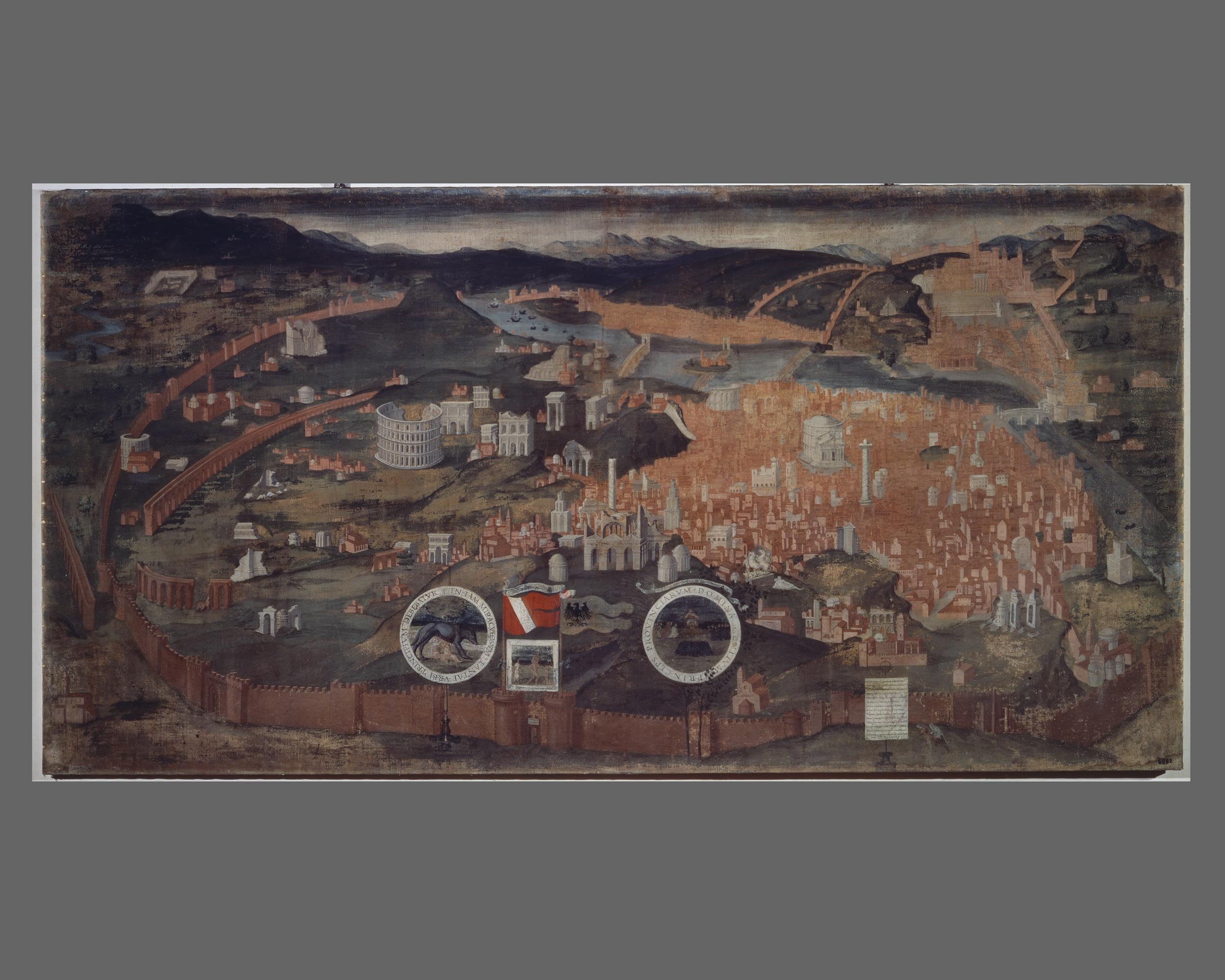 veduta topografica di Roma (dipinto, opera isolata) - ambito romano, ambito fiammingo (sec. XVI)