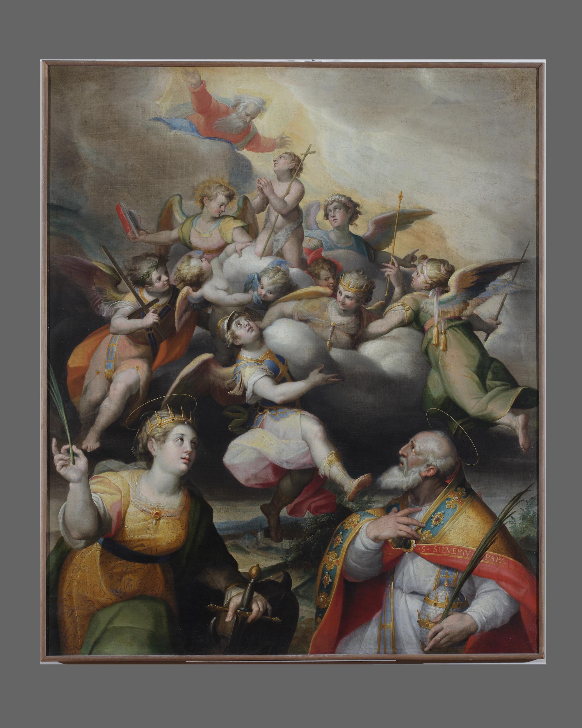 San Giovannino in gloria e i santi Caterina d’Alessandria e Silviero papa (dipinto, opera isolata) di Samacchini Orazio (sec. XVI)