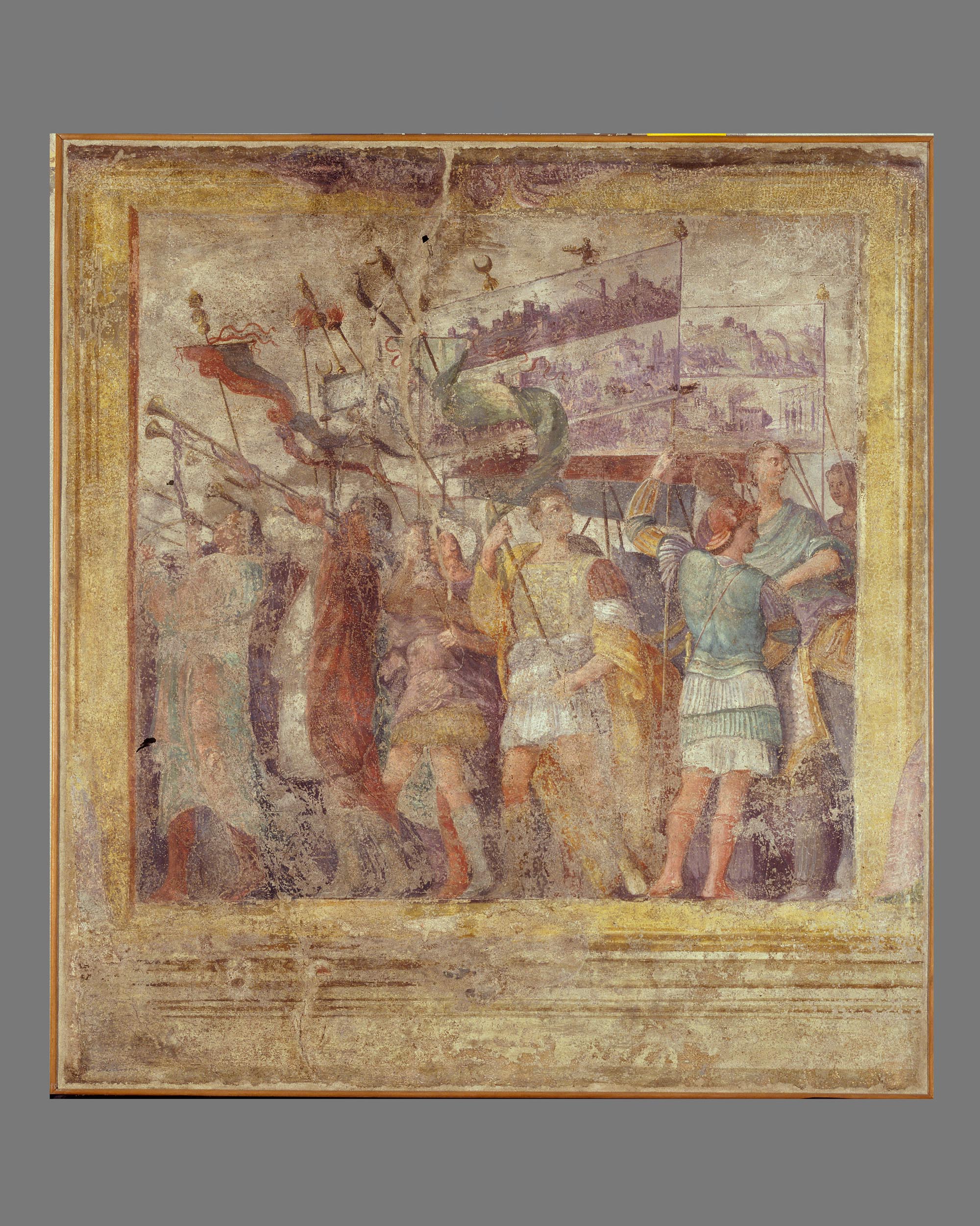 Trombettieri e portatori di insegne (dipinto, ciclo) di Dondi Ludovico (attribuito) (sec. XVI)