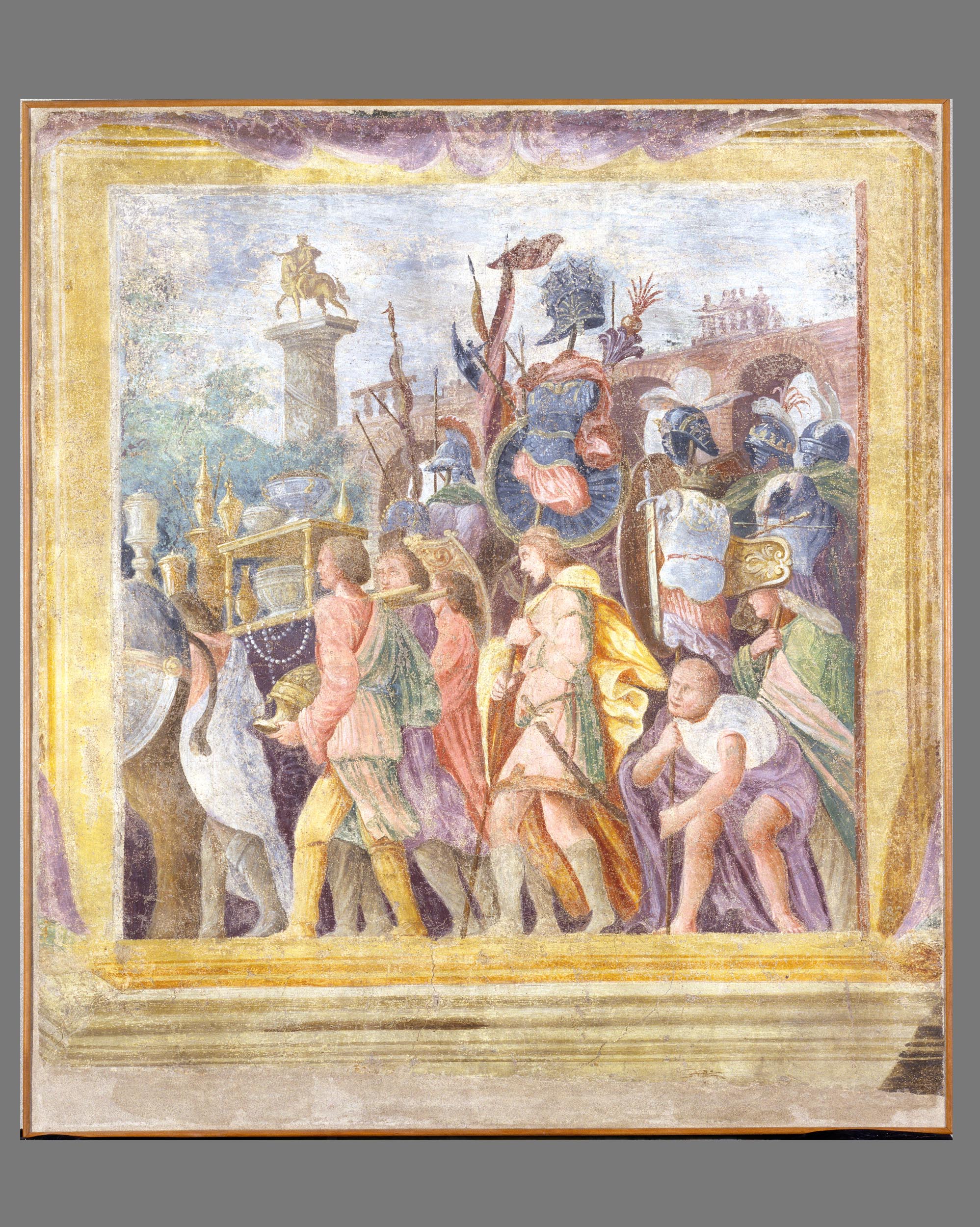Portatori di corsaletti, di trofei e di armature (dipinto, ciclo) di Dondi Ludovico (attribuito) (sec. XVI)
