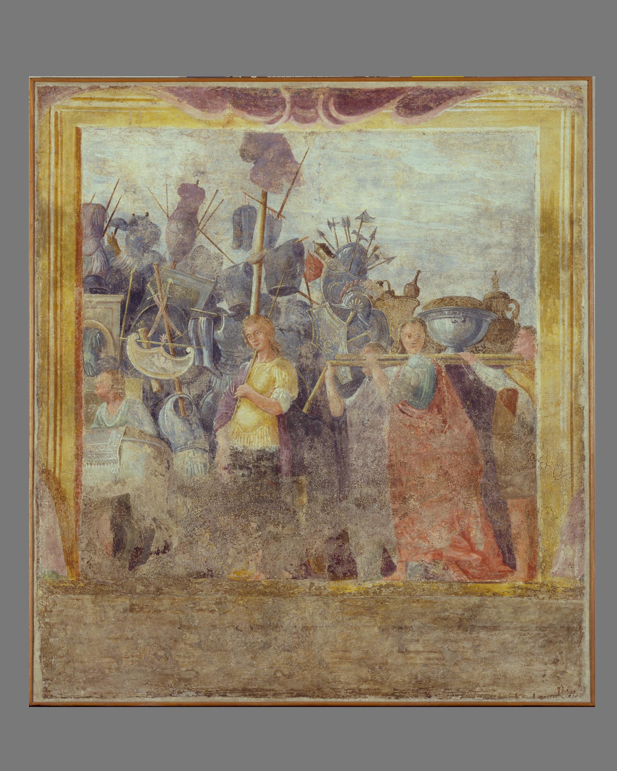 Carro con trofei e portatori di bottino (dipinto, ciclo) di Dondi Ludovico (attribuito) (sec. XVI)