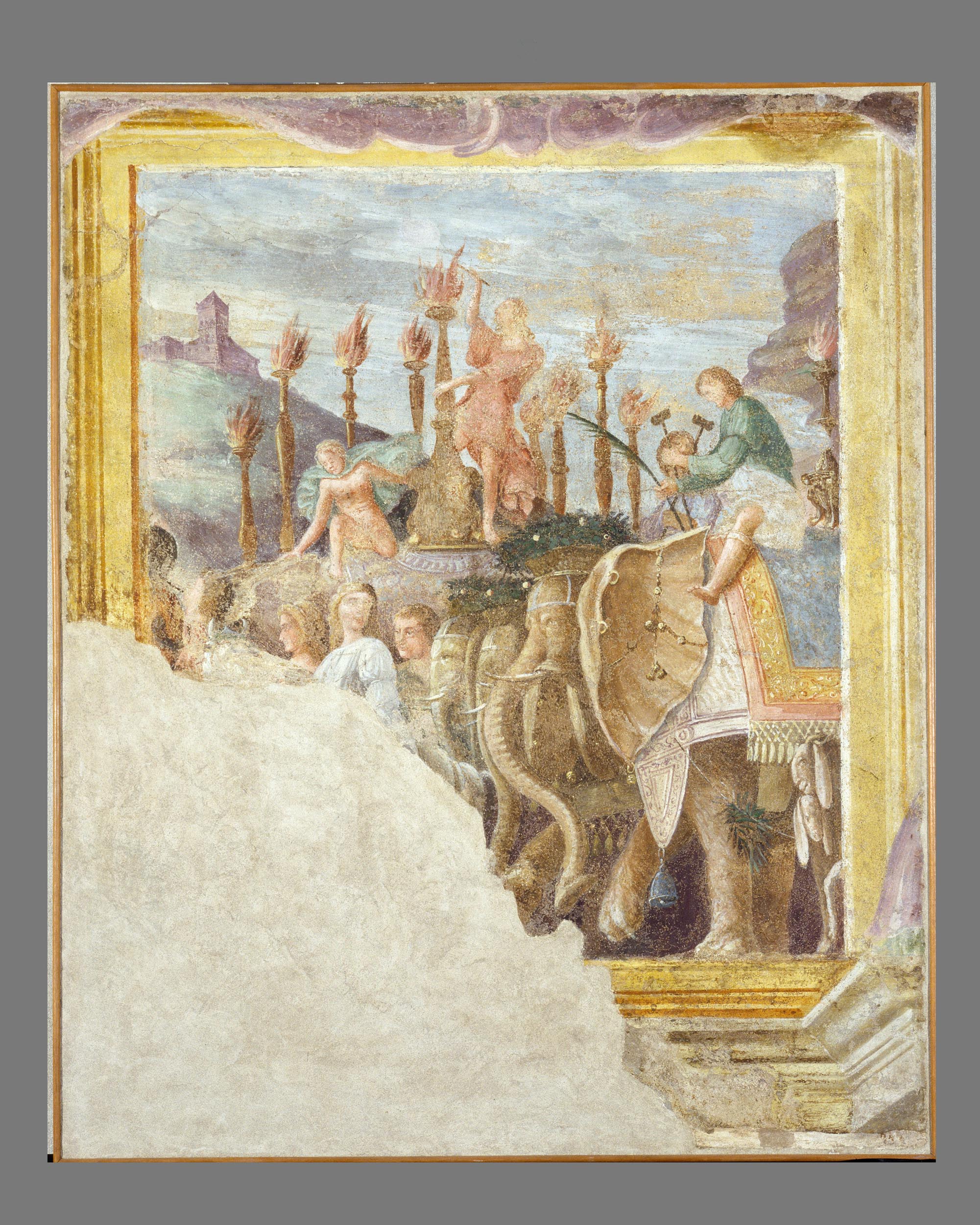 Trombettieri, tori sacrificali ed elefanti (dipinto, ciclo) di Dondi Ludovico (attribuito) (sec. XVI)