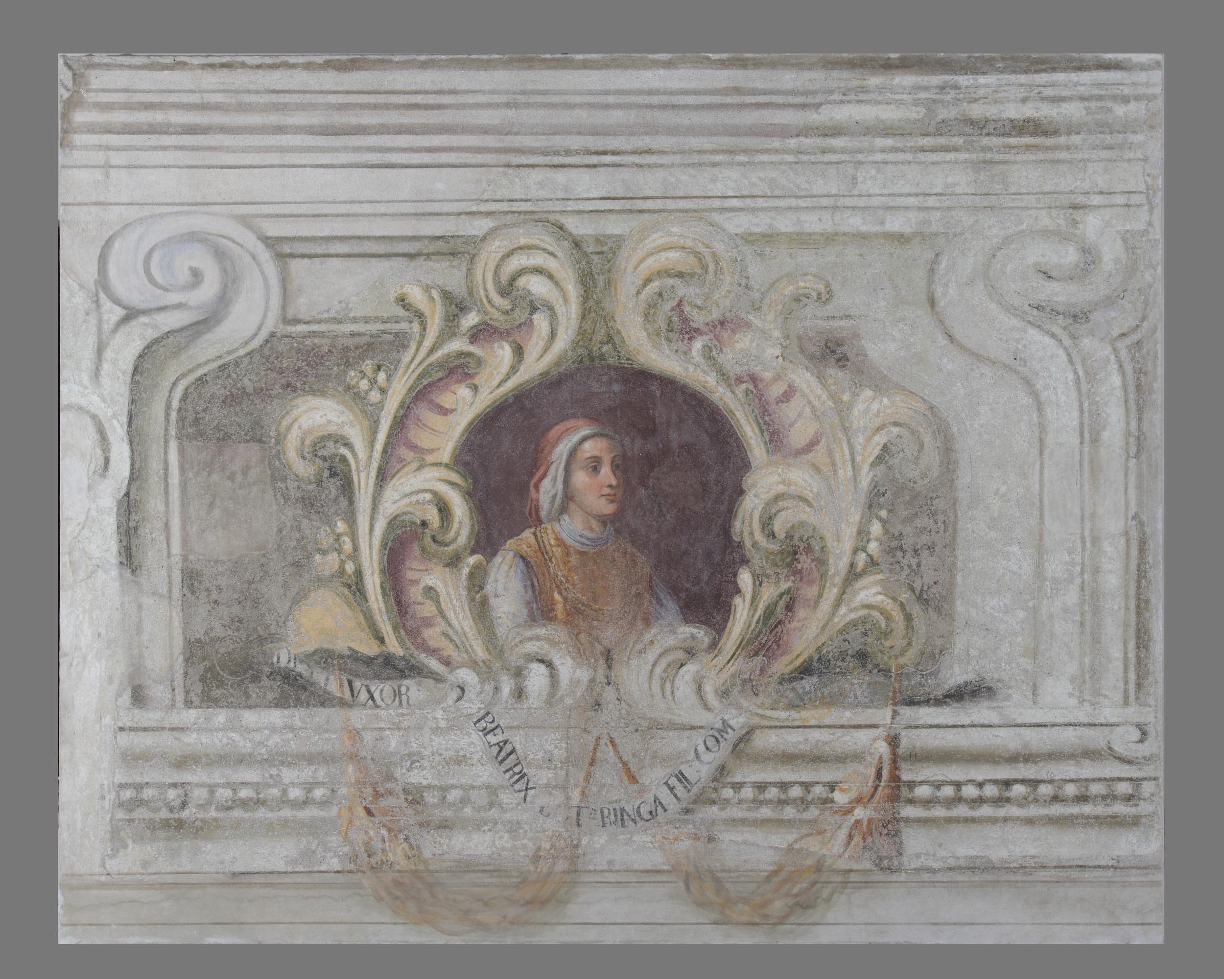 Fregio con emblemi e ritratti (dipinto, ciclo) di Calabrò Antonio (attribuito) (sec. XVIII)