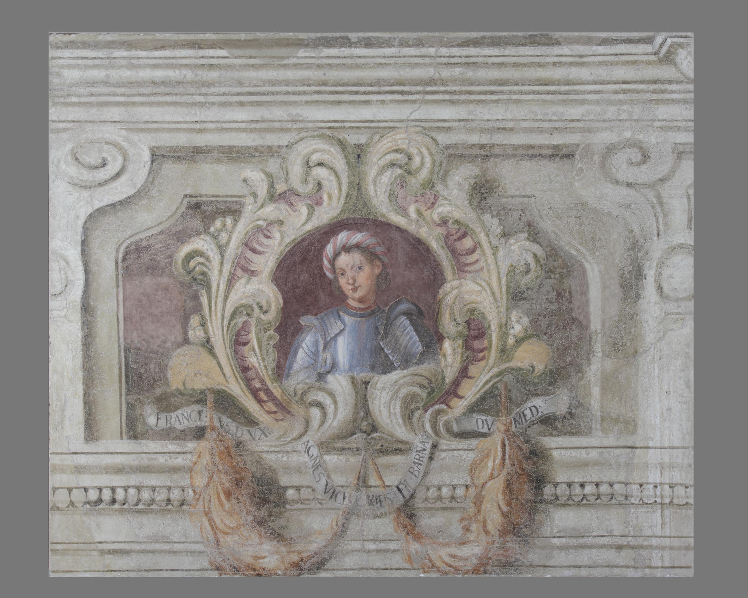 Fregio con ritratto di Francesco I Gonzaga (dipinto, elemento d'insieme) di Calabrò Antonio (attribuito) (sec. XVIII)